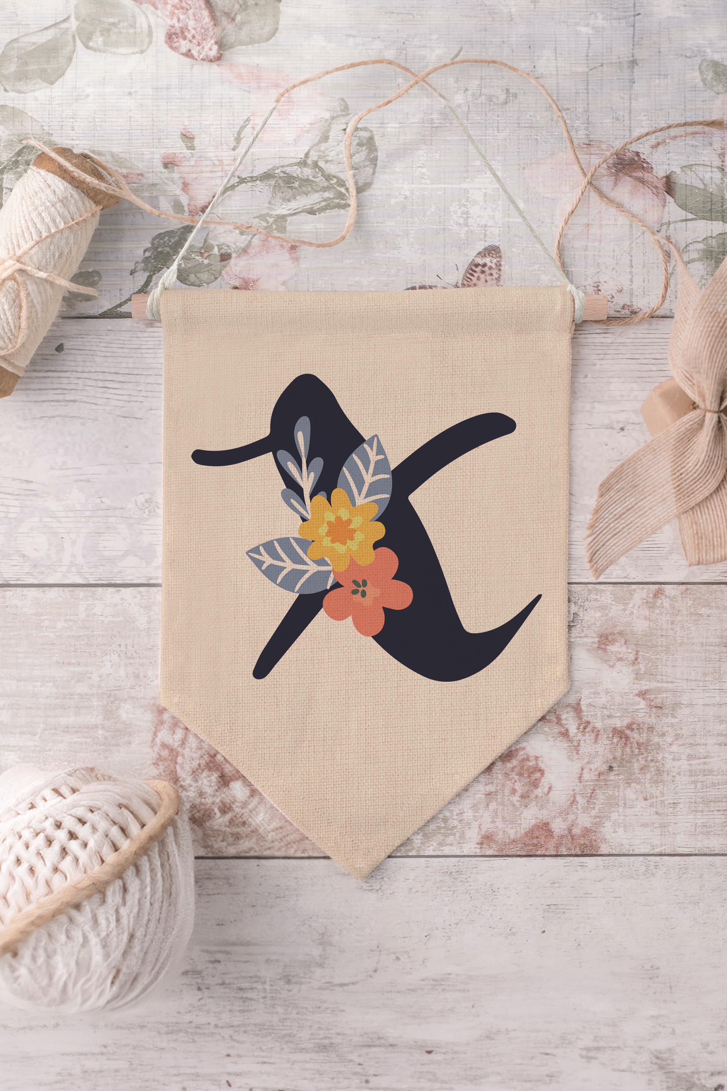 Çocuk Odası Dekor, Duvar Süsü, Ahşap Bebek Odası Dekor, Canvas Flama, Lacivert Çiçekli X Harfi