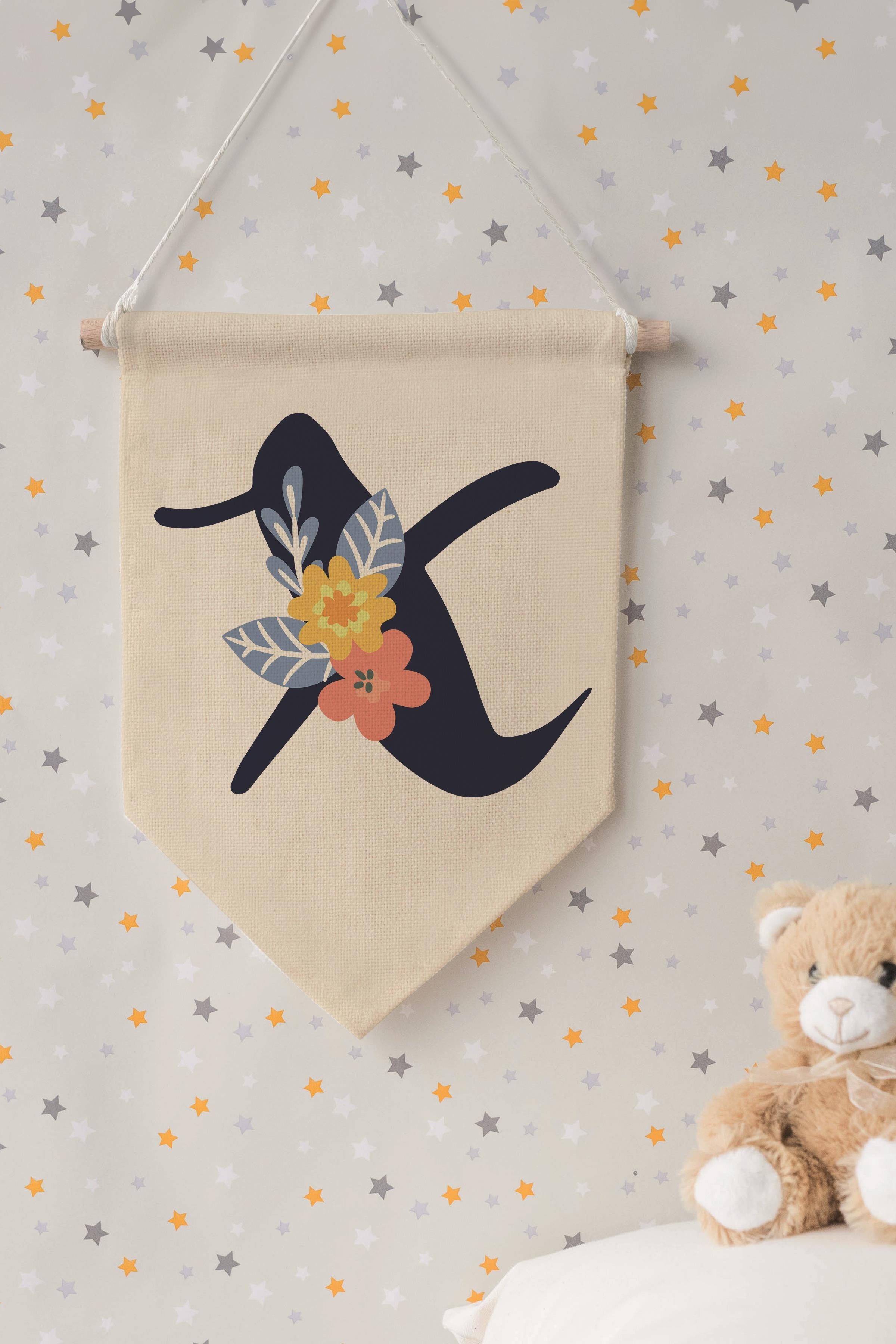 Çocuk Odası Dekor, Duvar Süsü, Ahşap Bebek Odası Dekor, Canvas Flama, Lacivert Çiçekli X Harfi
