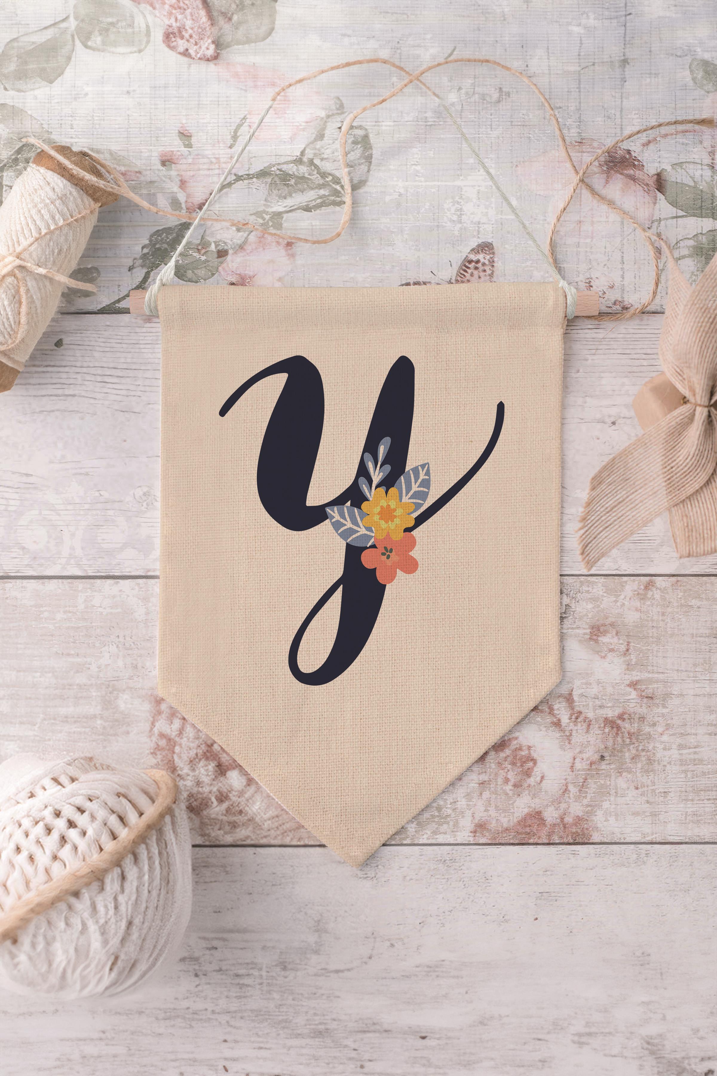 Çocuk Odası Dekor, Duvar Süsü, Ahşap Bebek Odası Dekor, Canvas Flama, Lacivert Çiçekli Y Harfi