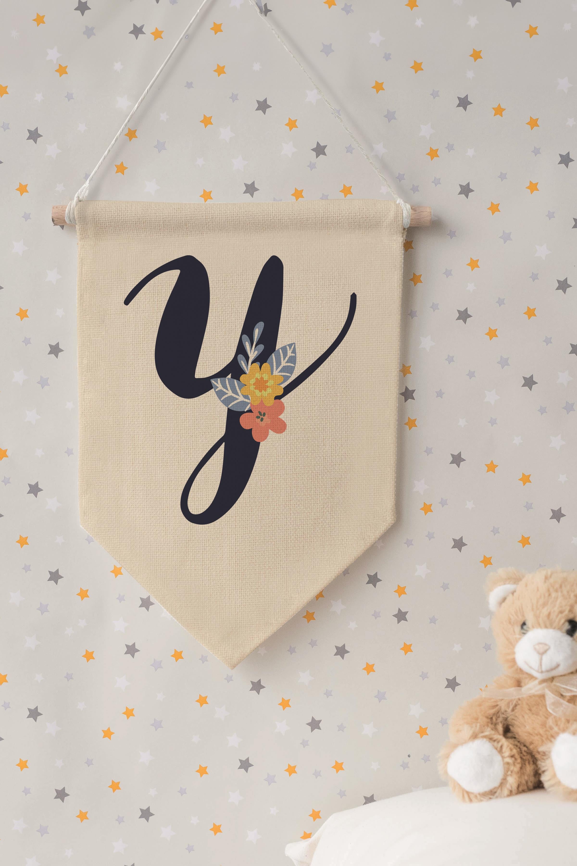 Çocuk Odası Dekor, Duvar Süsü, Ahşap Bebek Odası Dekor, Canvas Flama, Lacivert Çiçekli Y Harfi