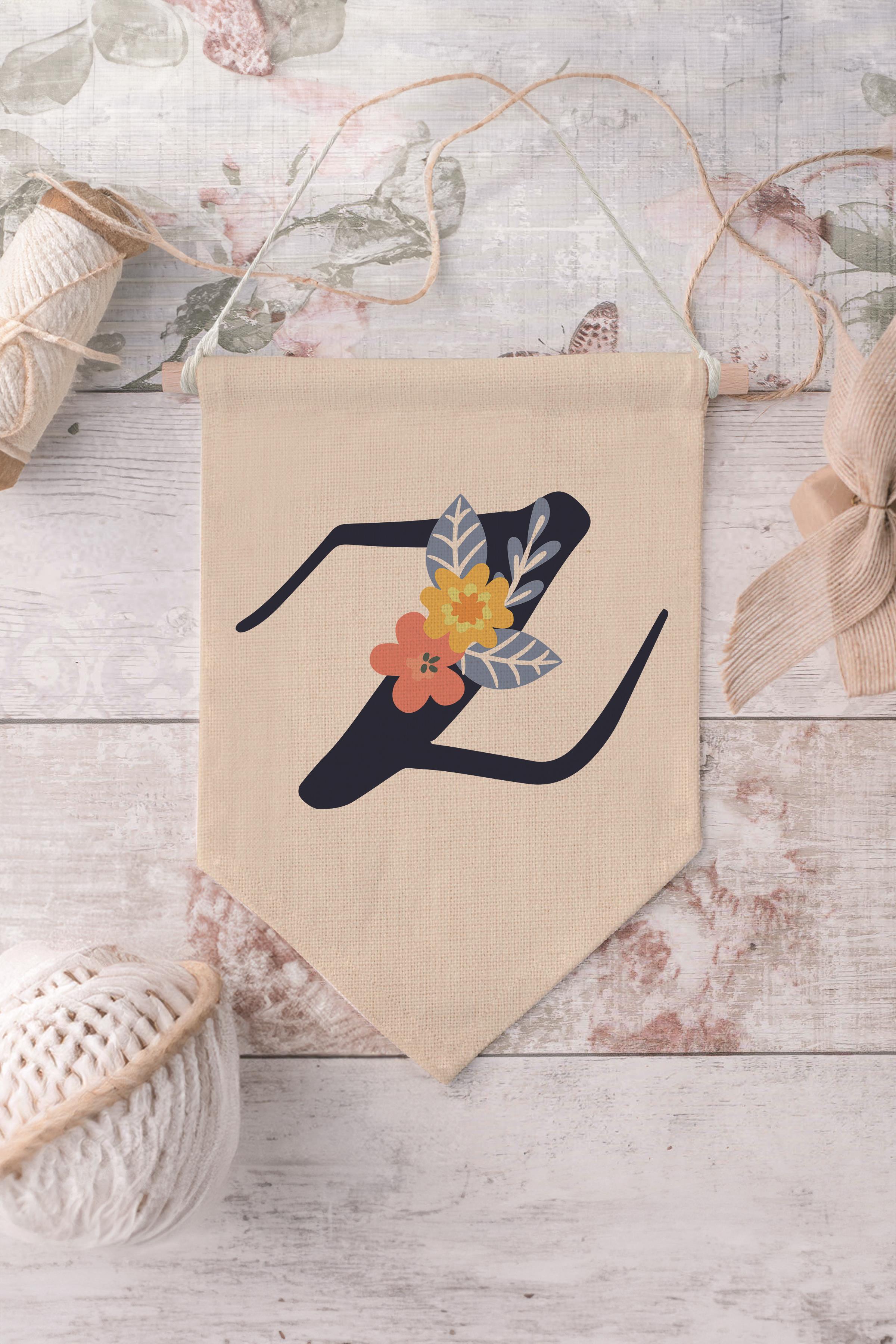 Çocuk Odası Dekor, Duvar Süsü, Ahşap Bebek Odası Dekor, Canvas Flama, Lacivert Çiçekli Z Harfi