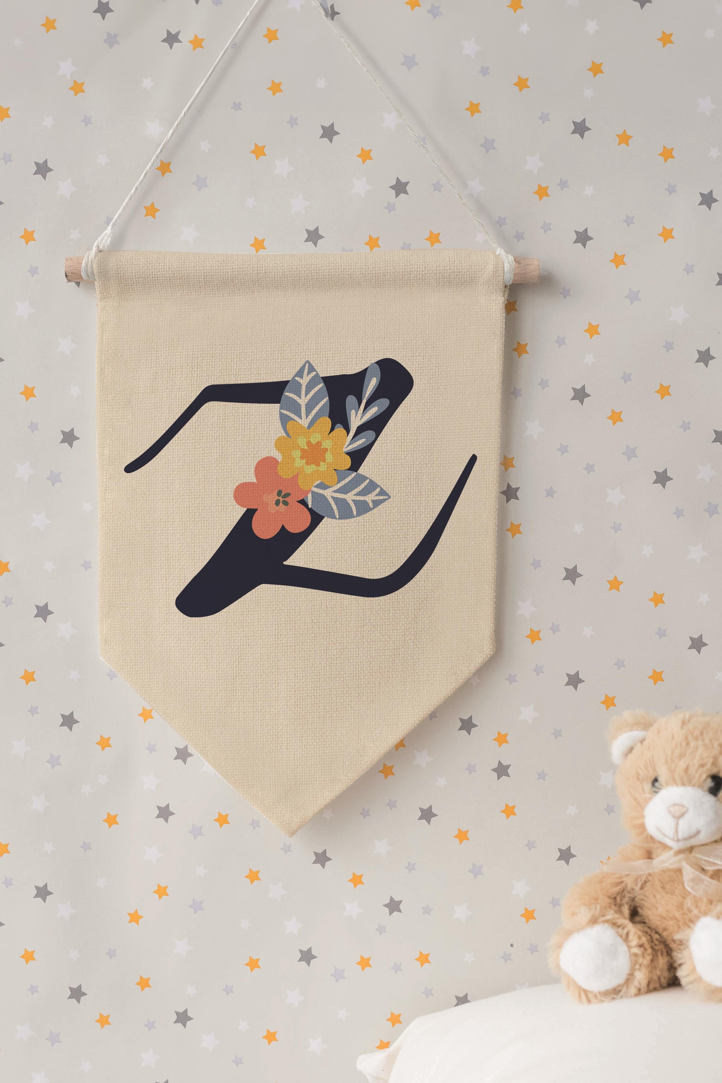 Çocuk Odası Dekor, Duvar Süsü, Ahşap Bebek Odası Dekor, Canvas Flama, Lacivert Çiçekli Z Harfi
