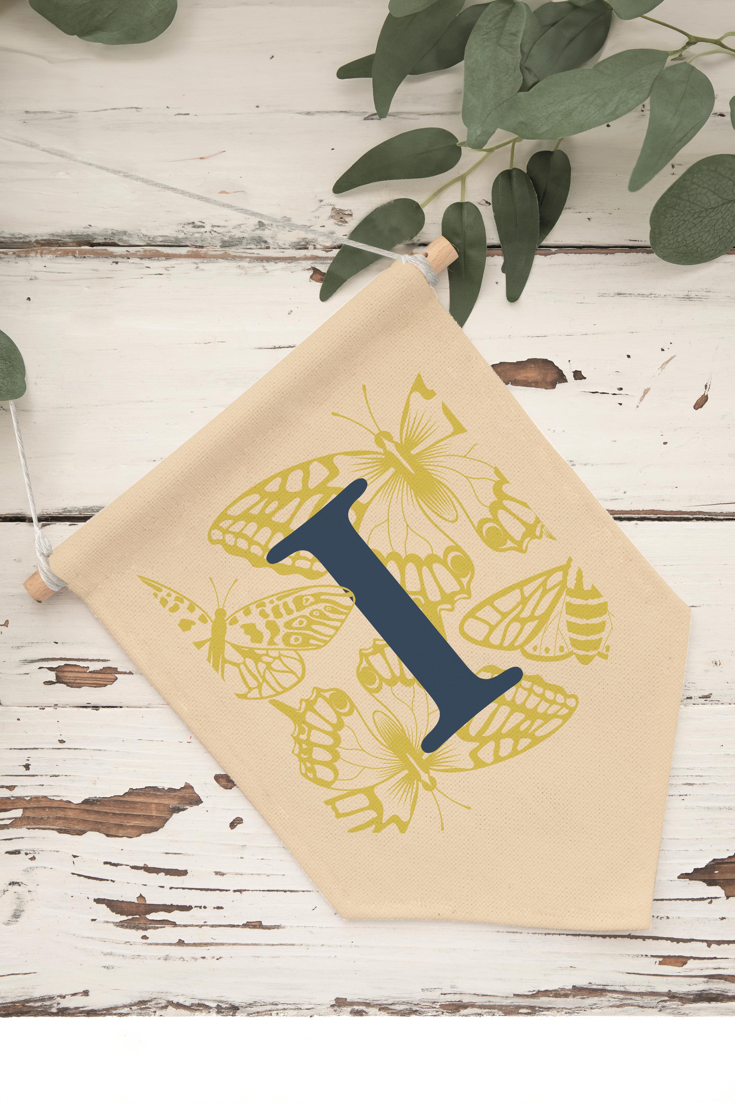 Çocuk Odası Dekor, Duvar Süsü, Ahşap Bebek Odası Dekor, Canvas Flama, Lacivert ve Sarı Çiçek Desenli I Harfi