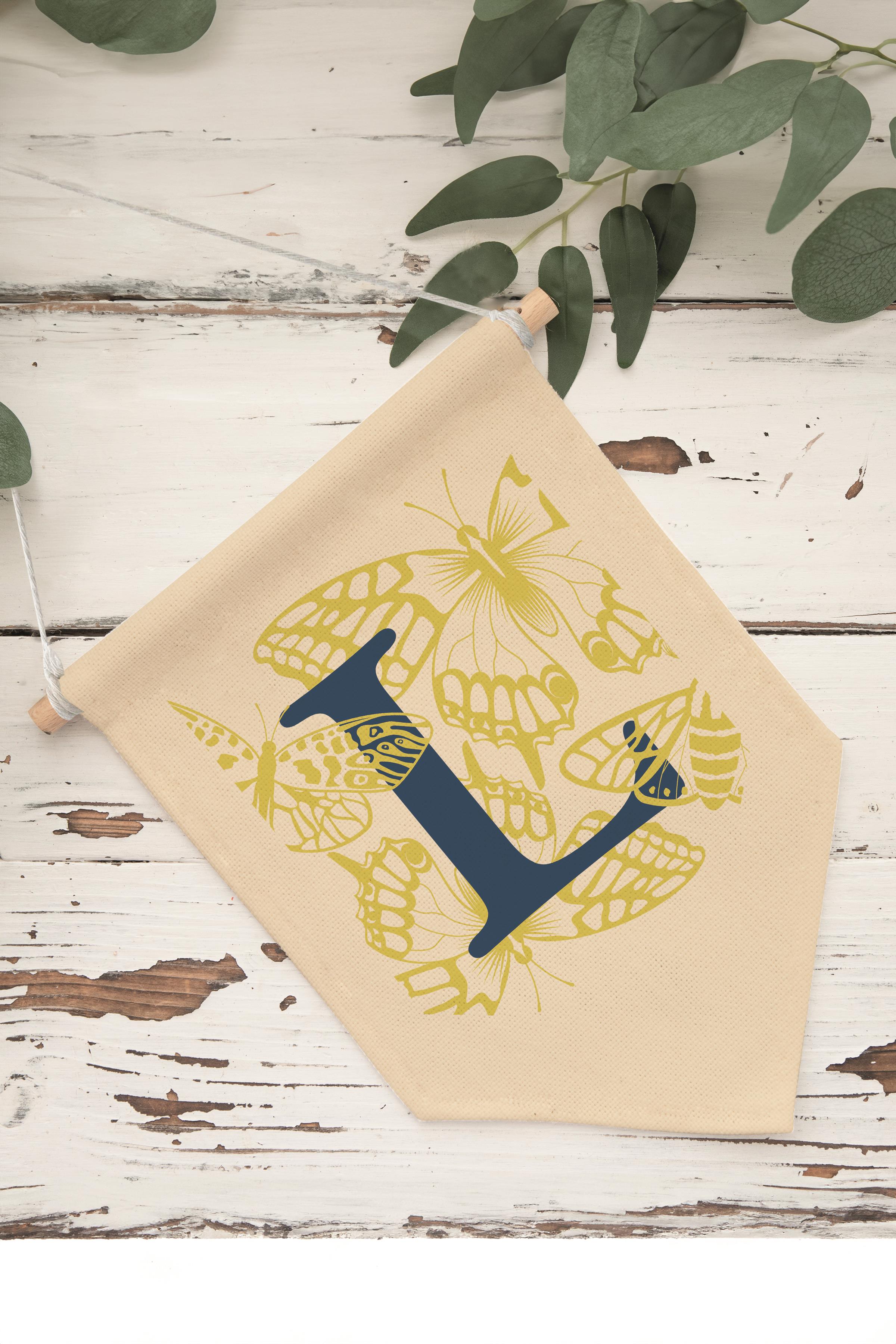 Çocuk Odası Dekor, Duvar Süsü, Ahşap Bebek Odası Dekor, Canvas Flama, Lacivert ve Sarı Çiçek Desenli L Harfi