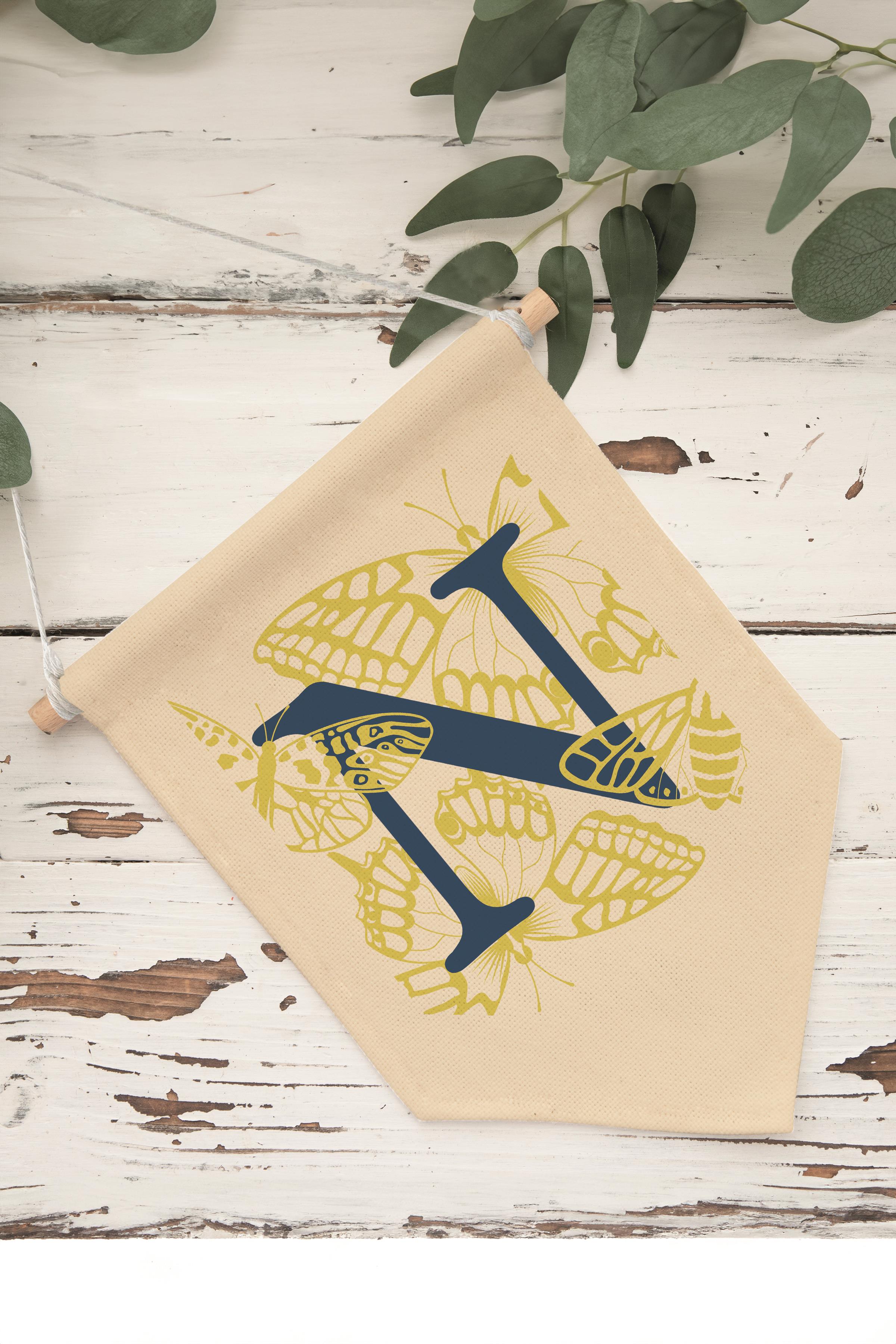 Çocuk Odası Dekor, Duvar Süsü, Ahşap Bebek Odası Dekor, Canvas Flama, Lacivert ve Sarı Çiçek Desenli N Harfi