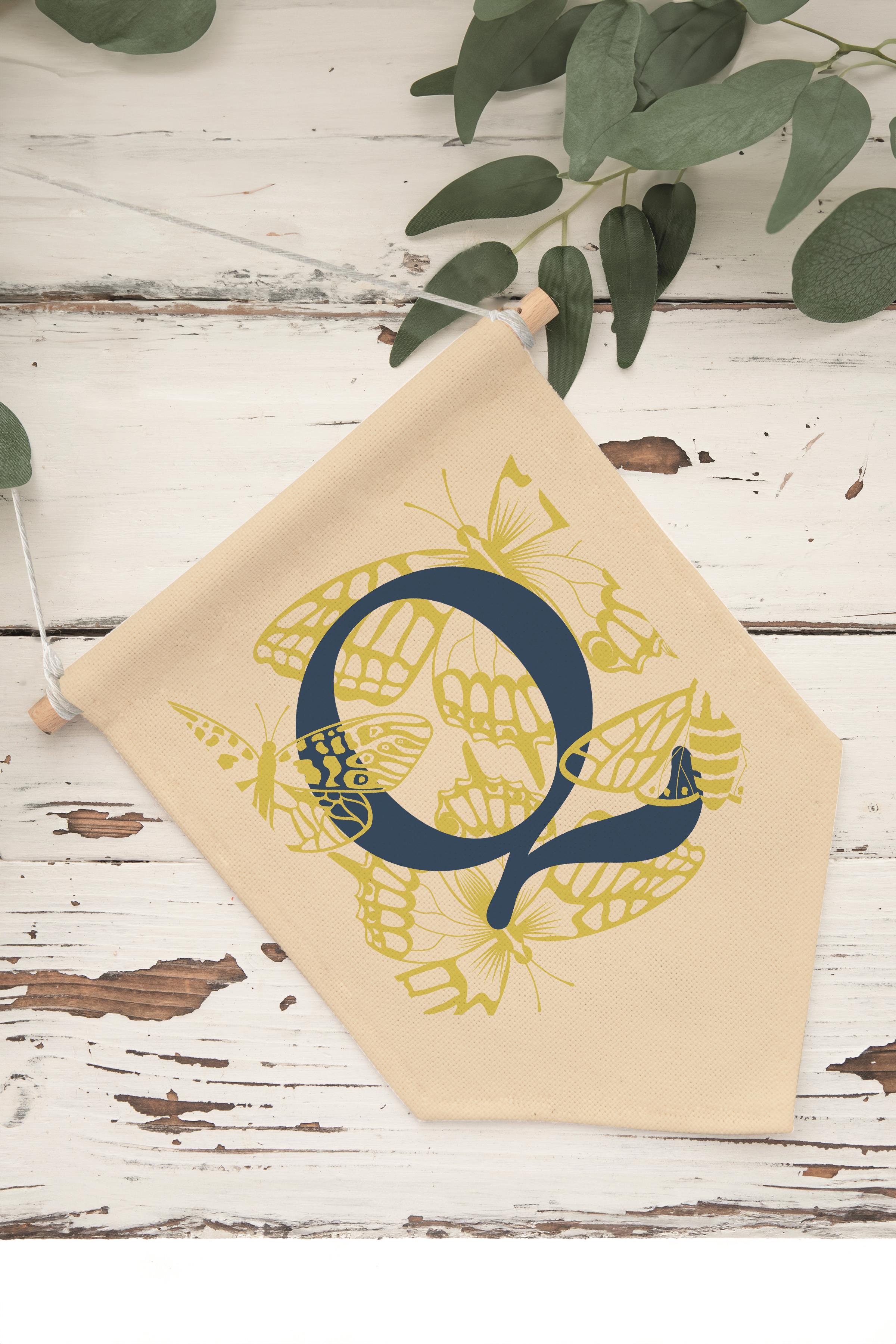 Çocuk Odası Dekor, Duvar Süsü, Ahşap Bebek Odası Dekor, Canvas Flama, Lacivert ve Sarı Çiçek Desenli Q Harfi