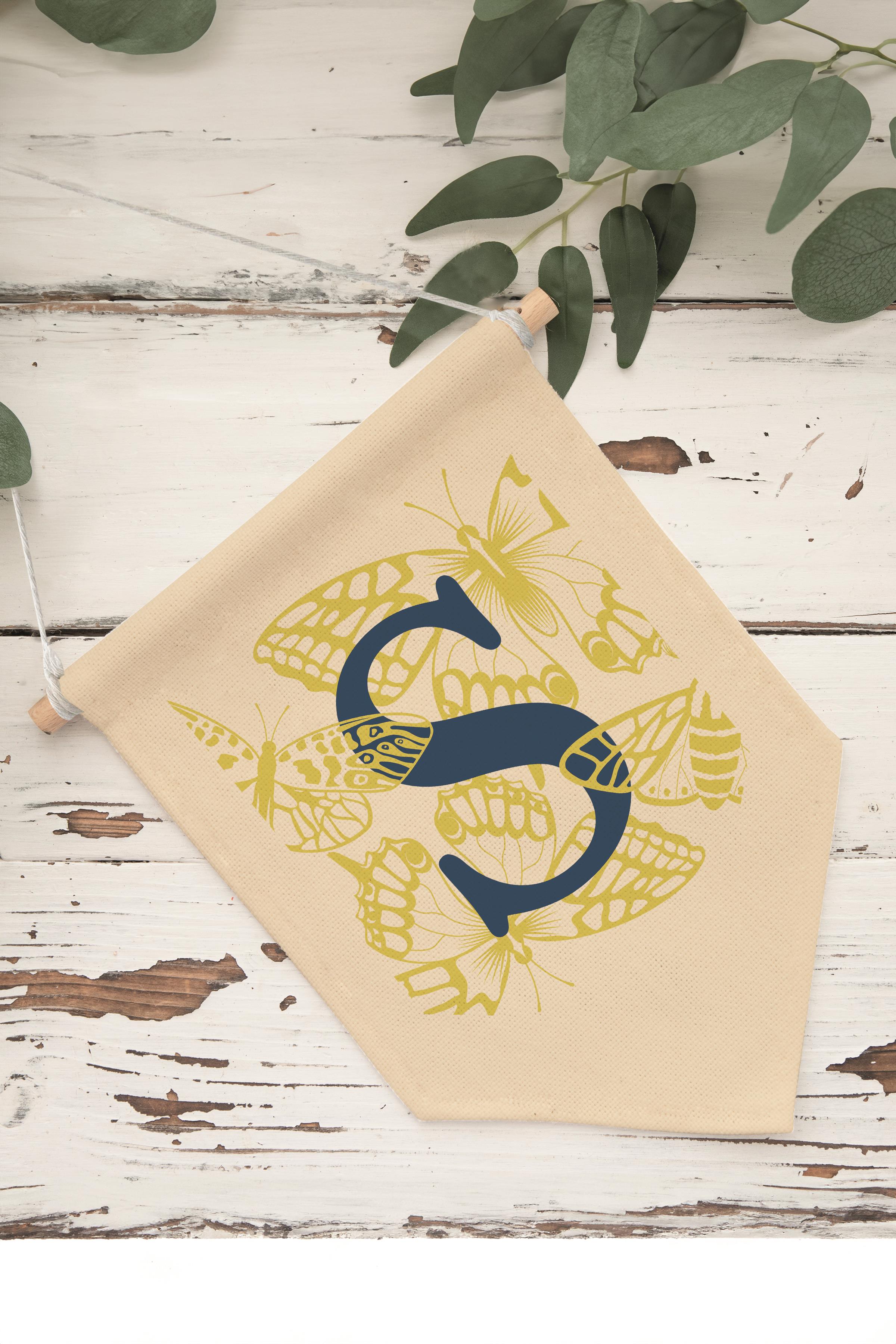 Çocuk Odası Dekor, Duvar Süsü, Ahşap Bebek Odası Dekor, Canvas Flama, Lacivert ve Sarı Çiçek Desenli S Harfi