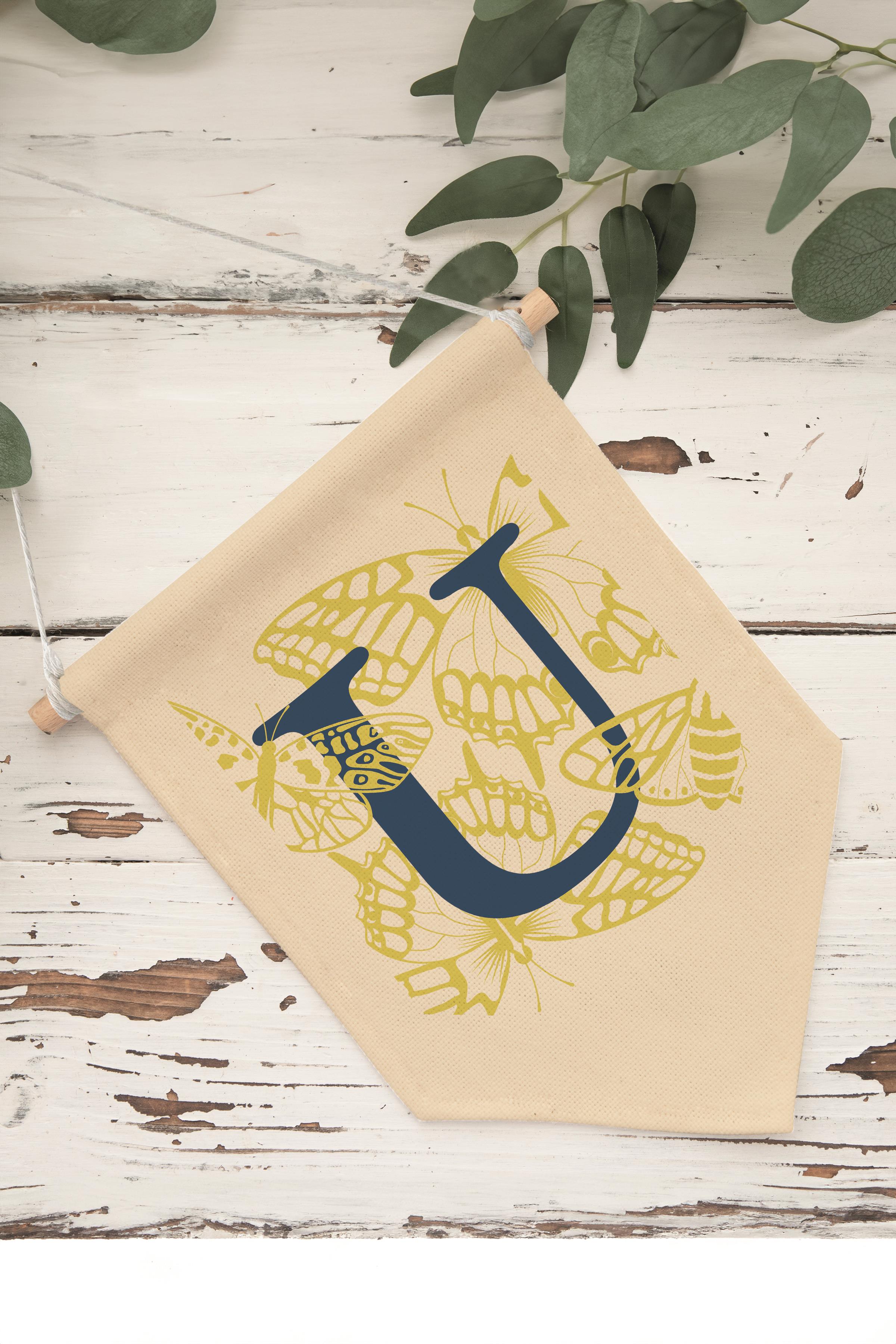 Çocuk Odası Dekor, Duvar Süsü, Ahşap Bebek Odası Dekor, Canvas Flama, Lacivert ve Sarı Çiçek Desenli U Harfi