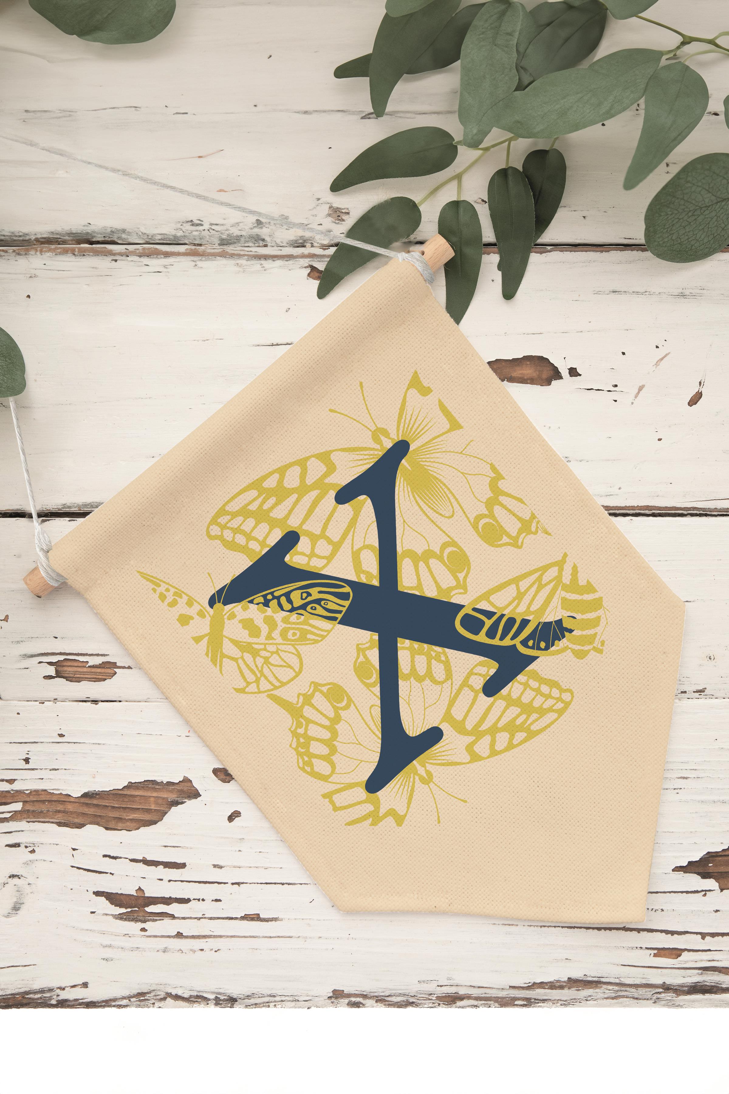 Çocuk Odası Dekor, Duvar Süsü, Ahşap Bebek Odası Dekor, Canvas Flama, Lacivert ve Sarı Çiçek Desenli X Harfi