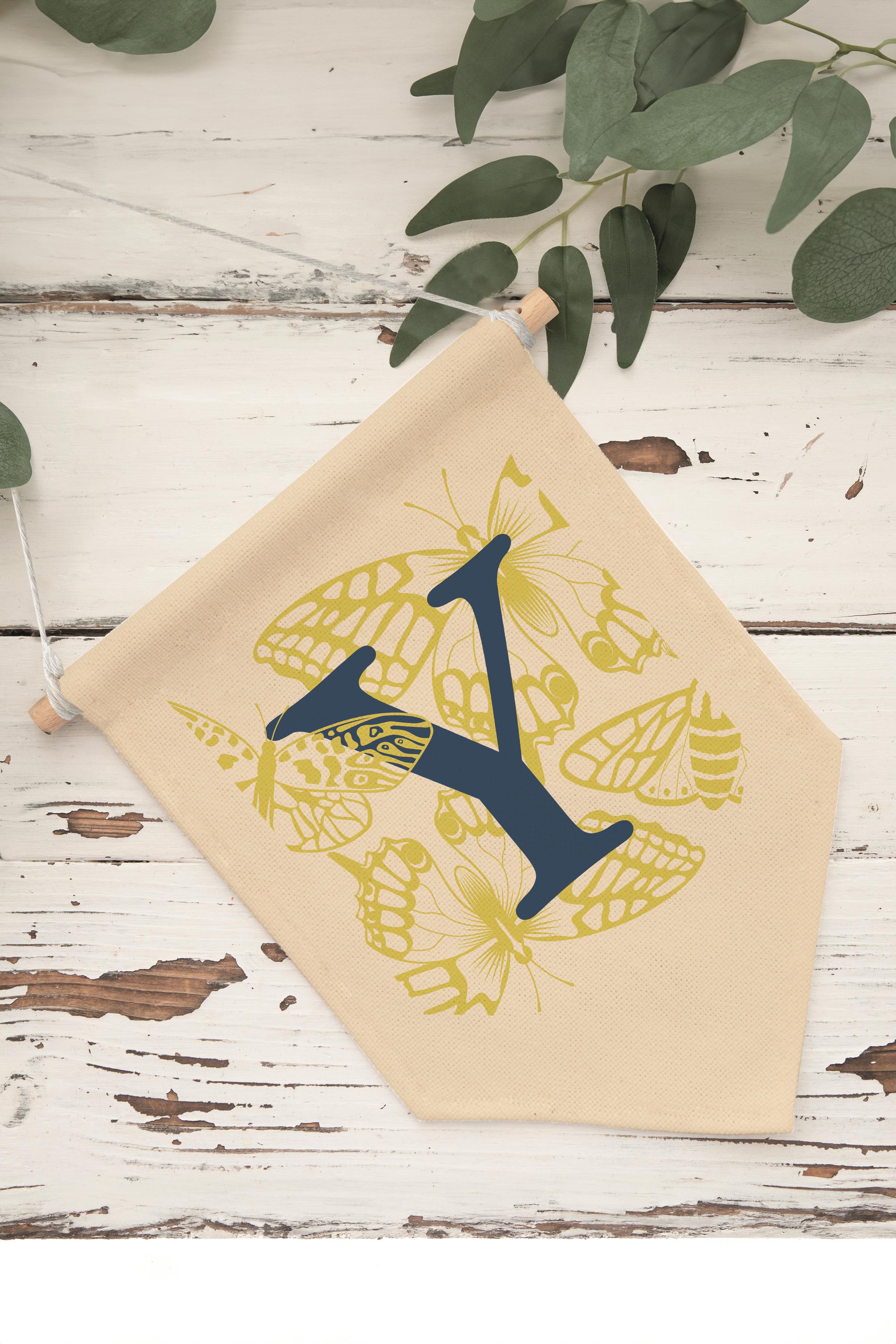 Çocuk Odası Dekor, Duvar Süsü, Ahşap Bebek Odası Dekor, Canvas Flama, Lacivert ve Sarı Çiçek Desenli Y Harfi