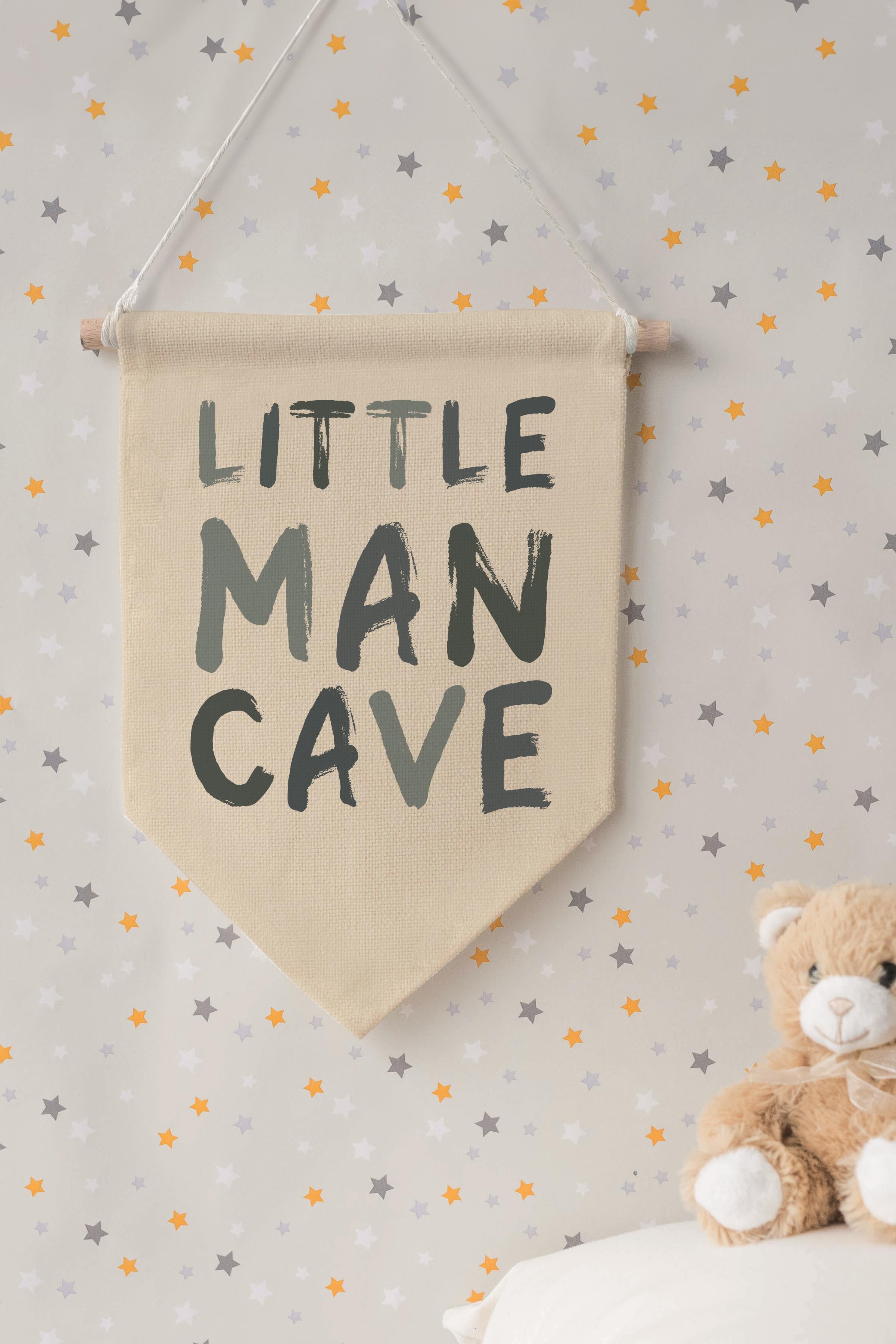 Çocuk Odası Dekor, Duvar Süsü, Ahşap Bebek Odası Dekor, Canvas Flama, Little Man Cave - Mavi
