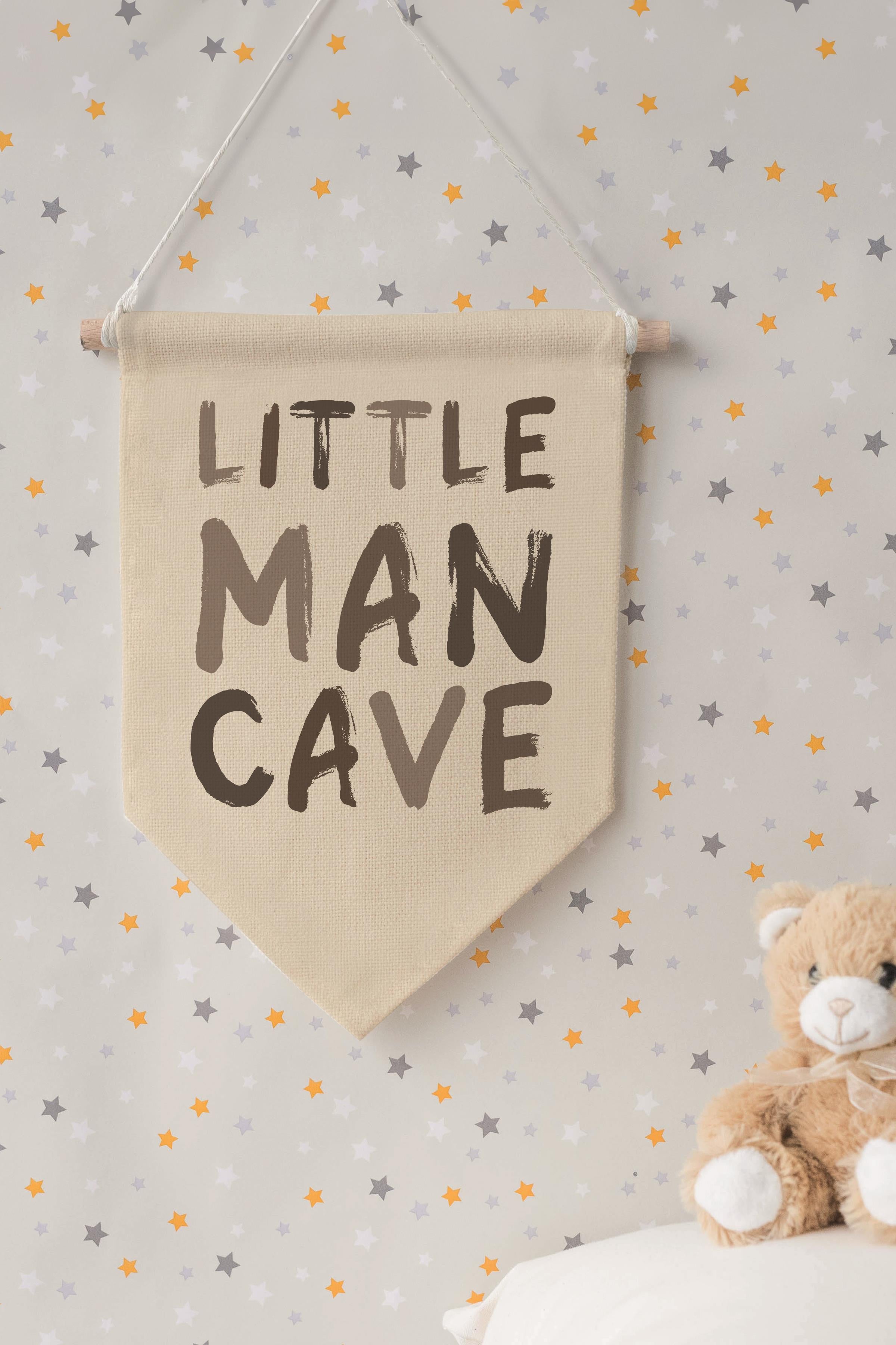 Çocuk Odası Dekor, Duvar Süsü, Ahşap Bebek Odası Dekor, Canvas Flama, Little Man Cave - Kahverengi