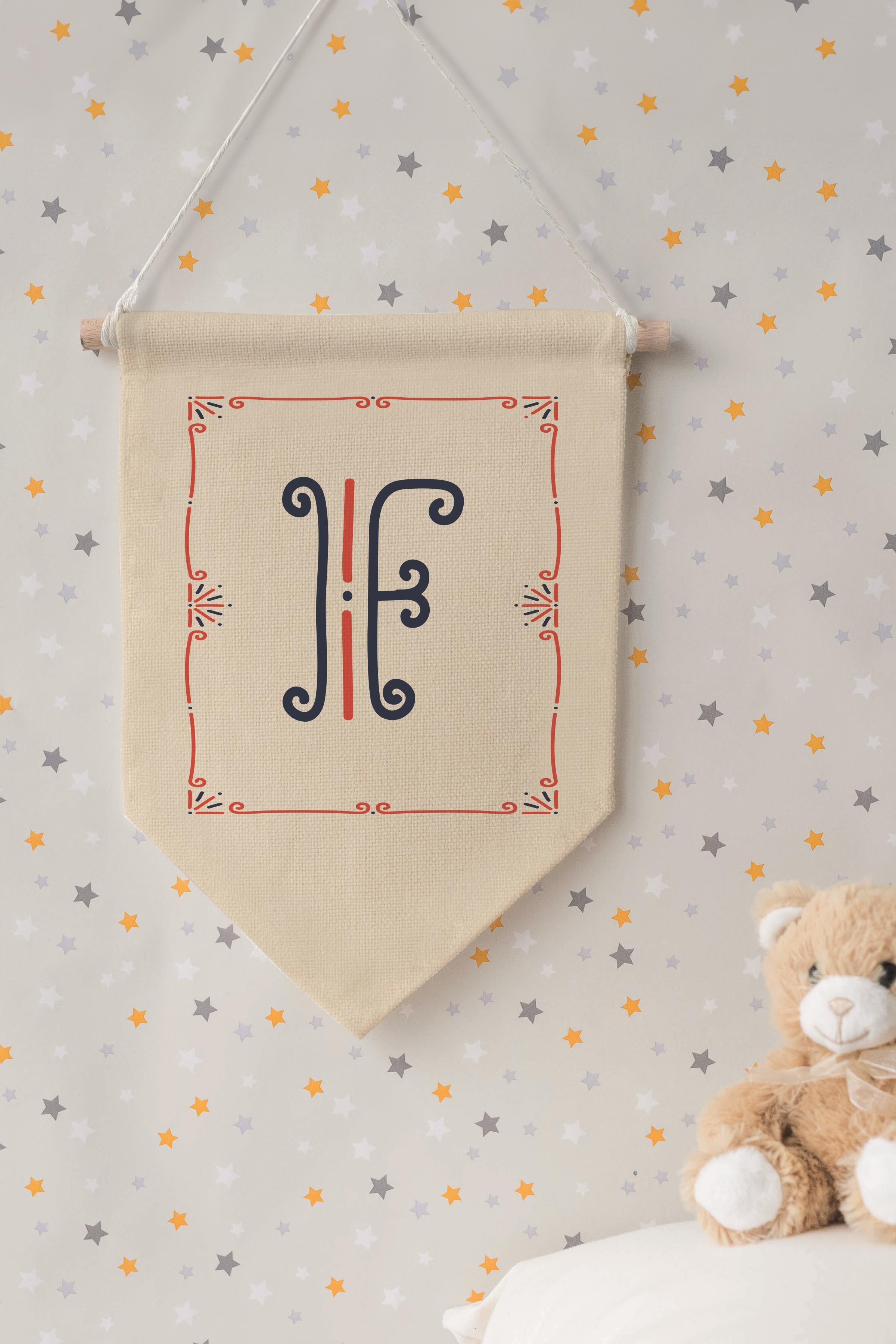 Çocuk Odası Dekor, Duvar Süsü, Ahşap Bebek Odası Dekor, Canvas Flama, Monogram F Harfi