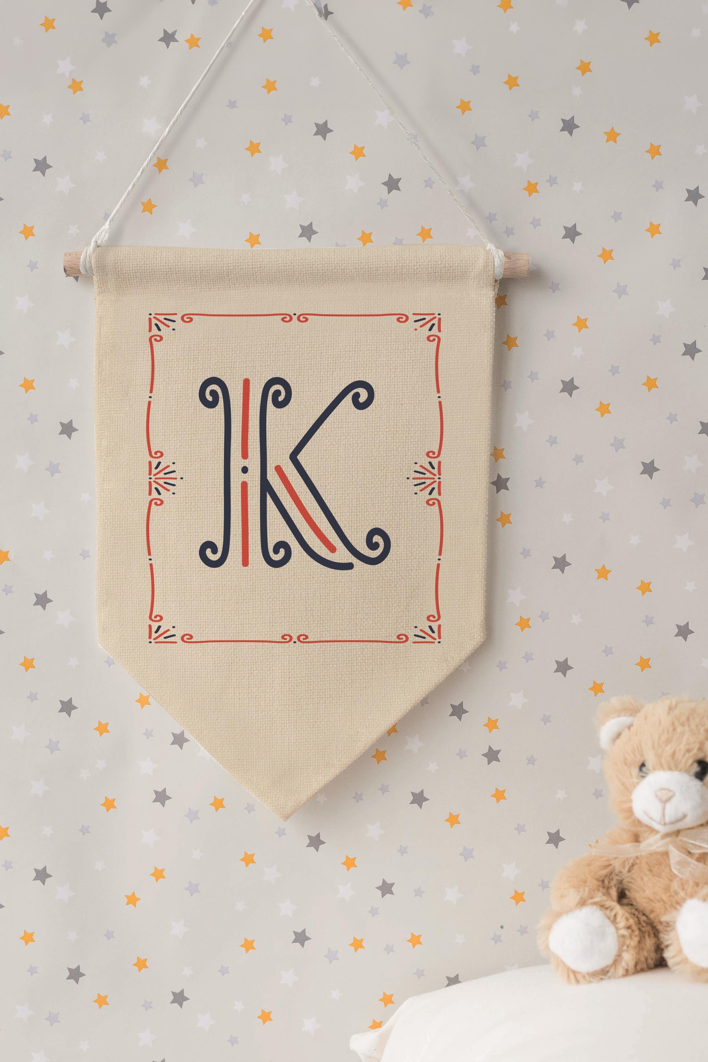Çocuk Odası Dekor, Duvar Süsü, Ahşap Bebek Odası Dekor, Canvas Flama, Monogram K Harfi
