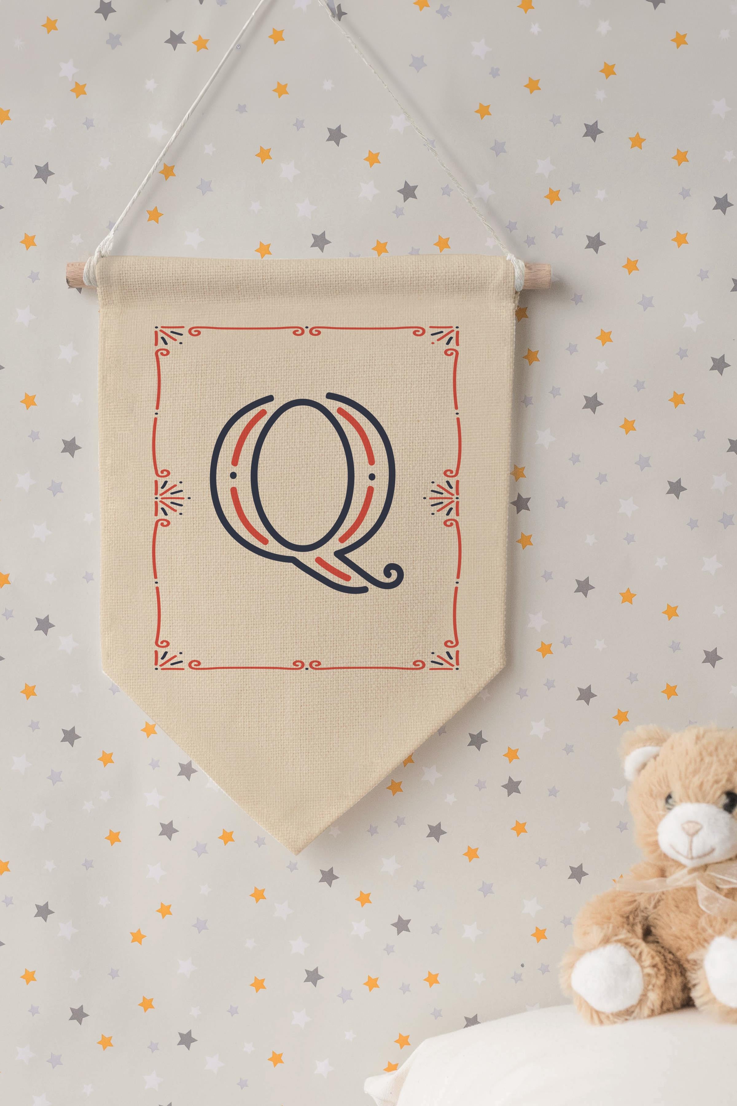 Çocuk Odası Dekor, Duvar Süsü, Ahşap Bebek Odası Dekor, Canvas Flama, Monogram Q Harfi
