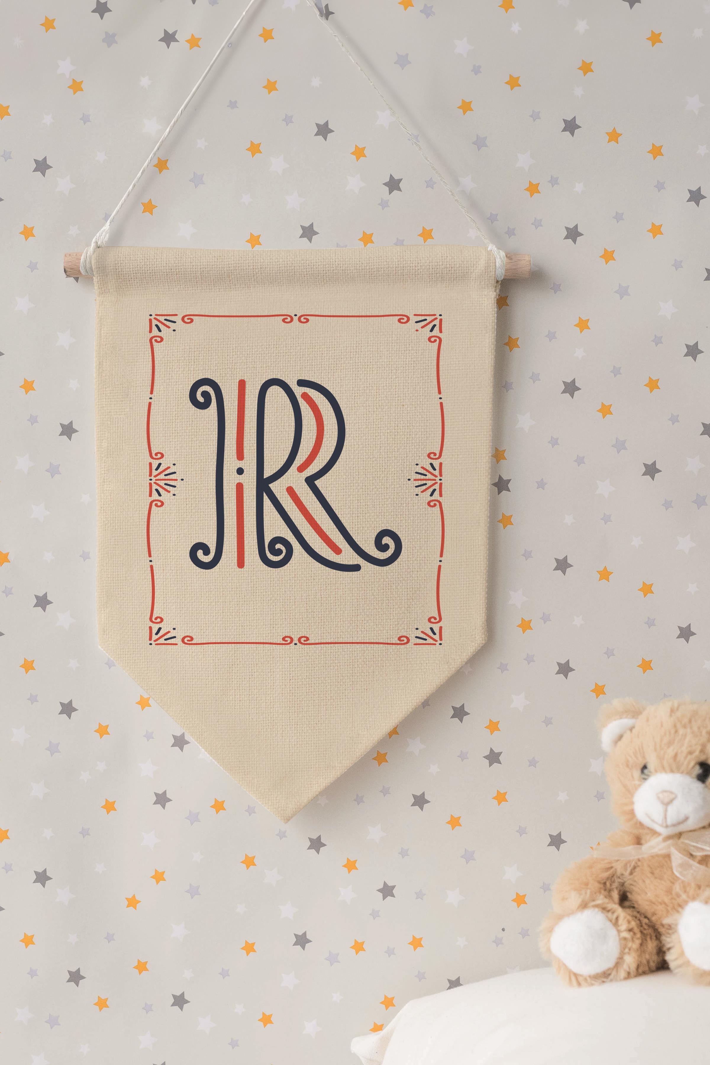 Çocuk Odası Dekor, Duvar Süsü, Ahşap Bebek Odası Dekor, Canvas Flama, Monogram R Harfi