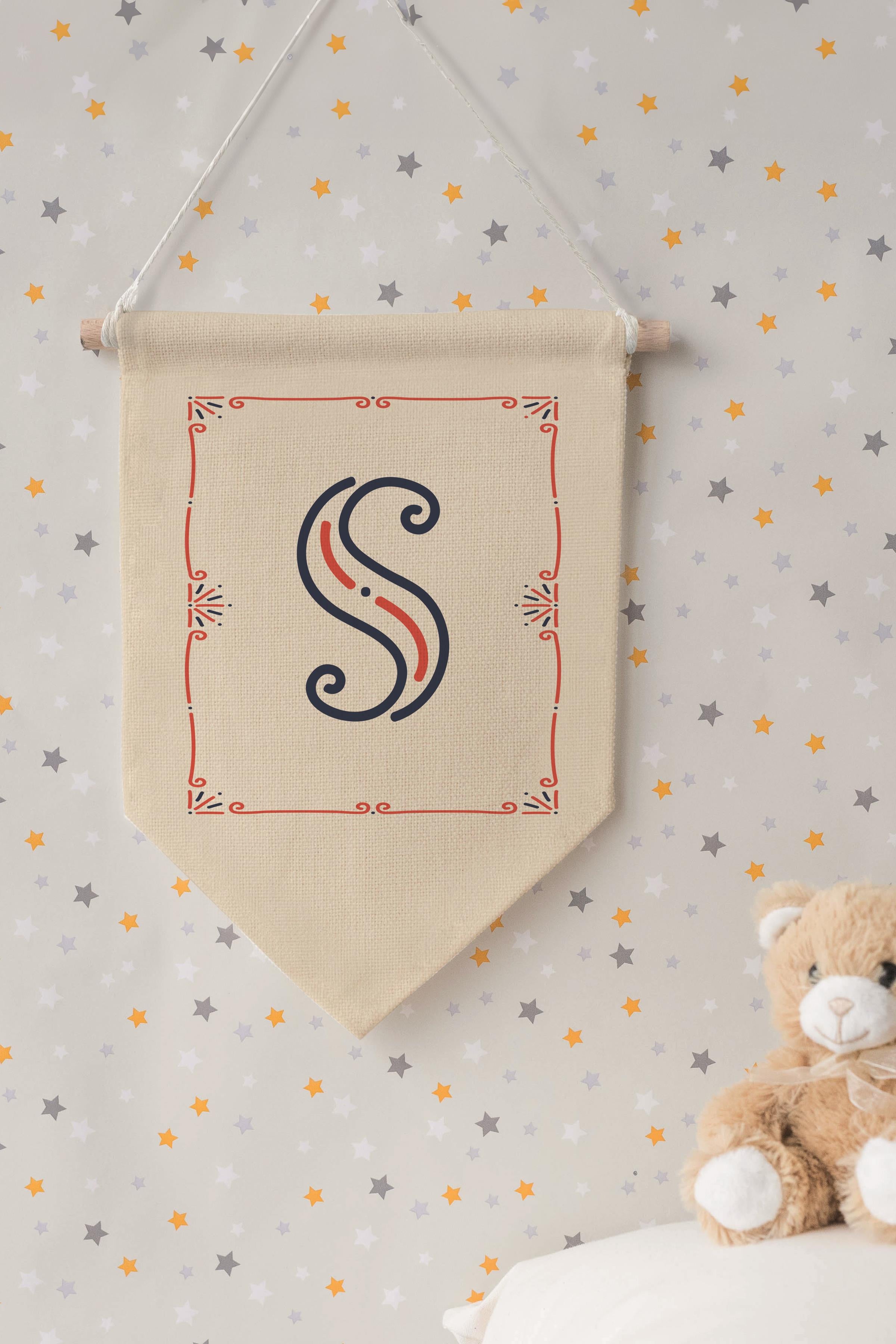 Çocuk Odası Dekor, Duvar Süsü, Ahşap Bebek Odası Dekor, Canvas Flama, Monogram S Harfi