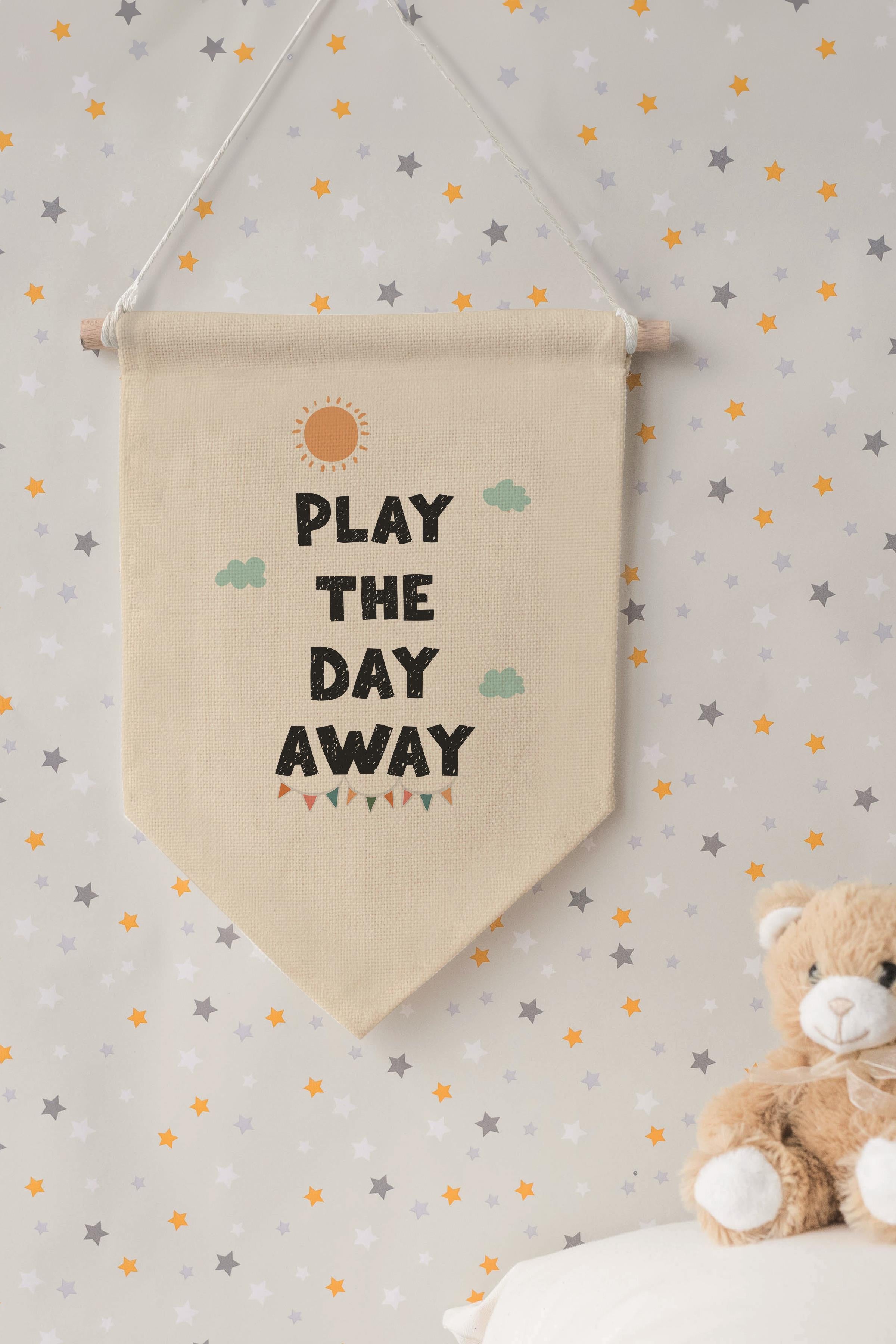 Çocuk Odası Dekor, Duvar Süsü, Ahşap Bebek Odası Dekor, Canvas Flama, Play the Day Away - Siyah