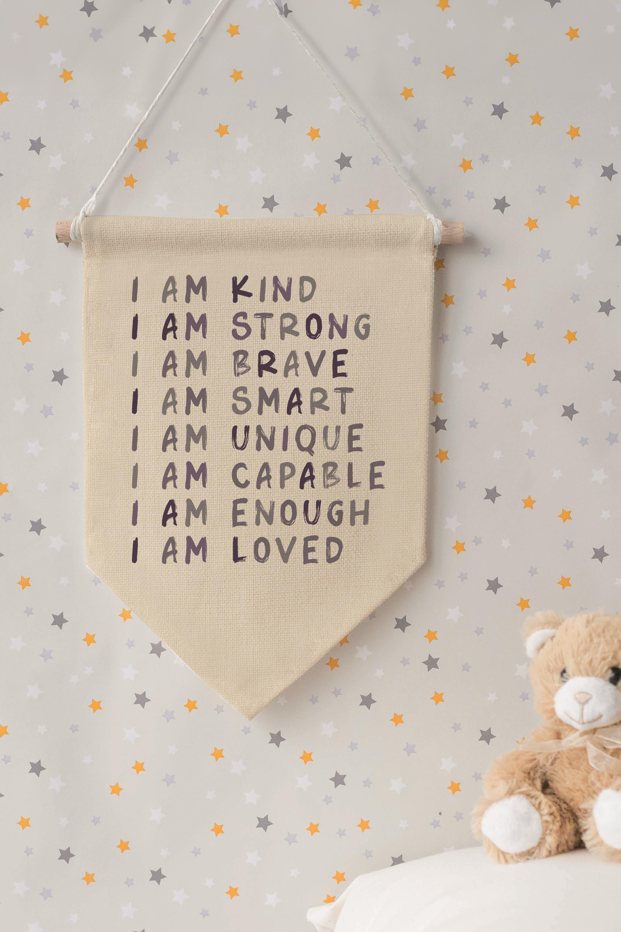 Çocuk Odası Dekor, Duvar Süsü, Ahşap Bebek Odası Dekor, Canvas Flama, Positive Affirmations - Soft
