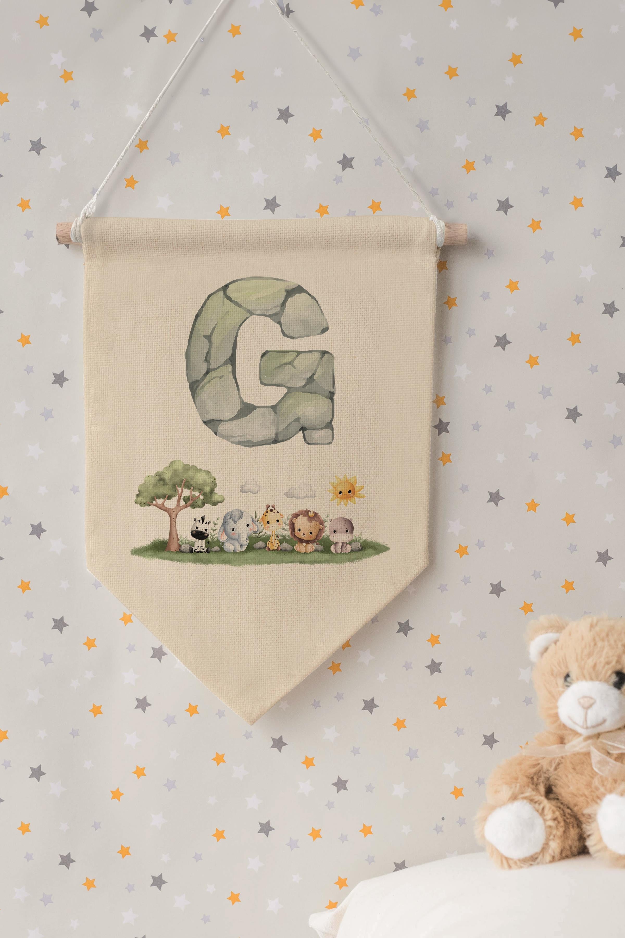 Çocuk Odası Dekor, Duvar Süsü, Ahşap Bebek Odası Dekor, Canvas Flama, Safari ve Hayvanlı G Harfi