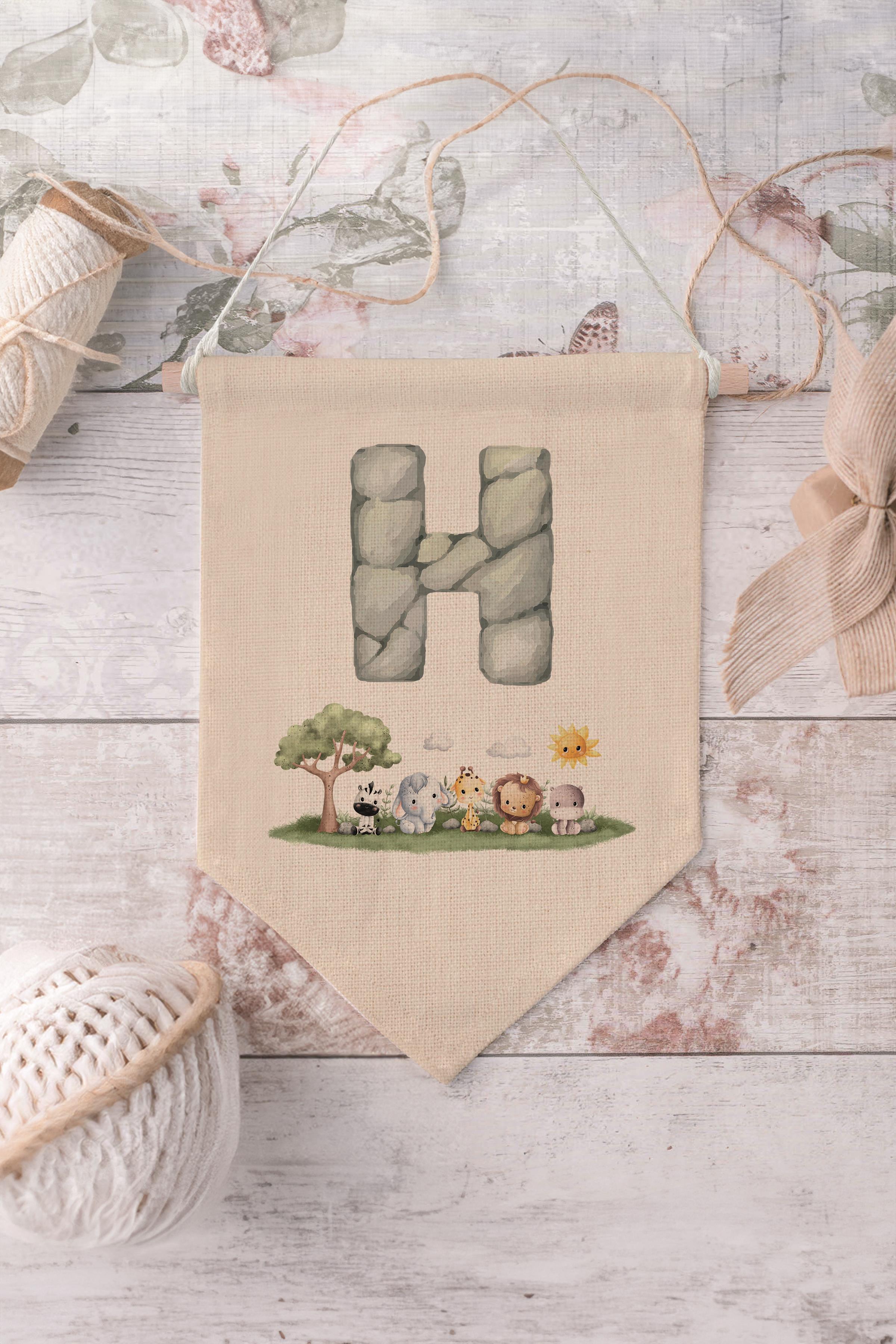 Çocuk Odası Dekor, Duvar Süsü, Ahşap Bebek Odası Dekor, Canvas Flama, Safari ve Hayvanlı H Harfi
