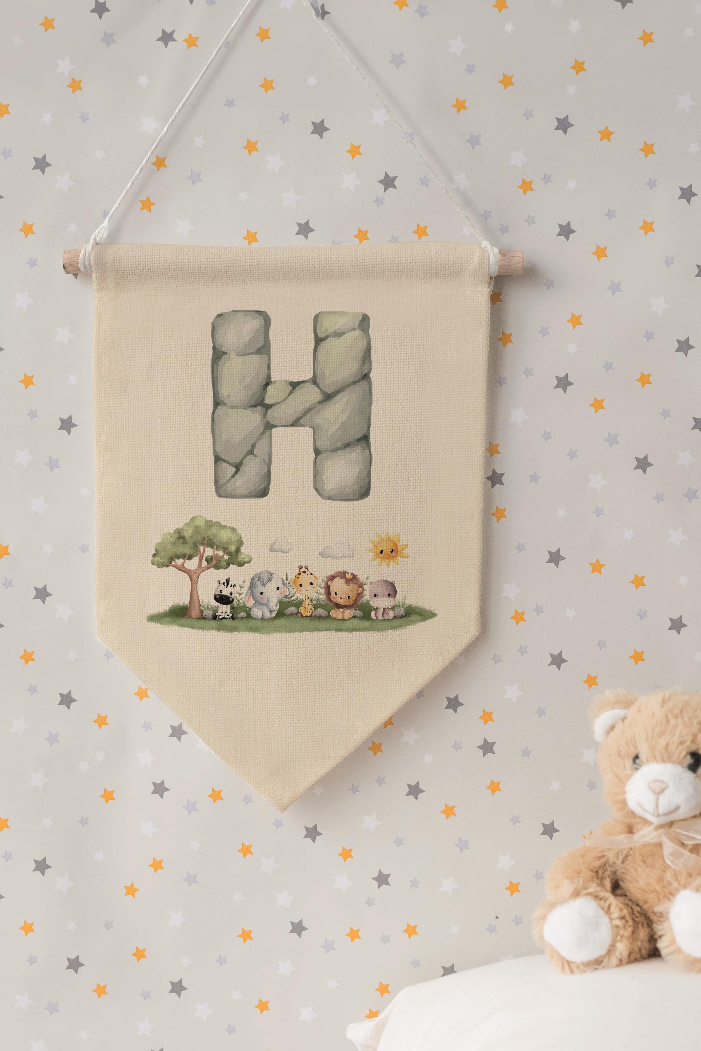 Çocuk Odası Dekor, Duvar Süsü, Ahşap Bebek Odası Dekor, Canvas Flama, Safari ve Hayvanlı H Harfi