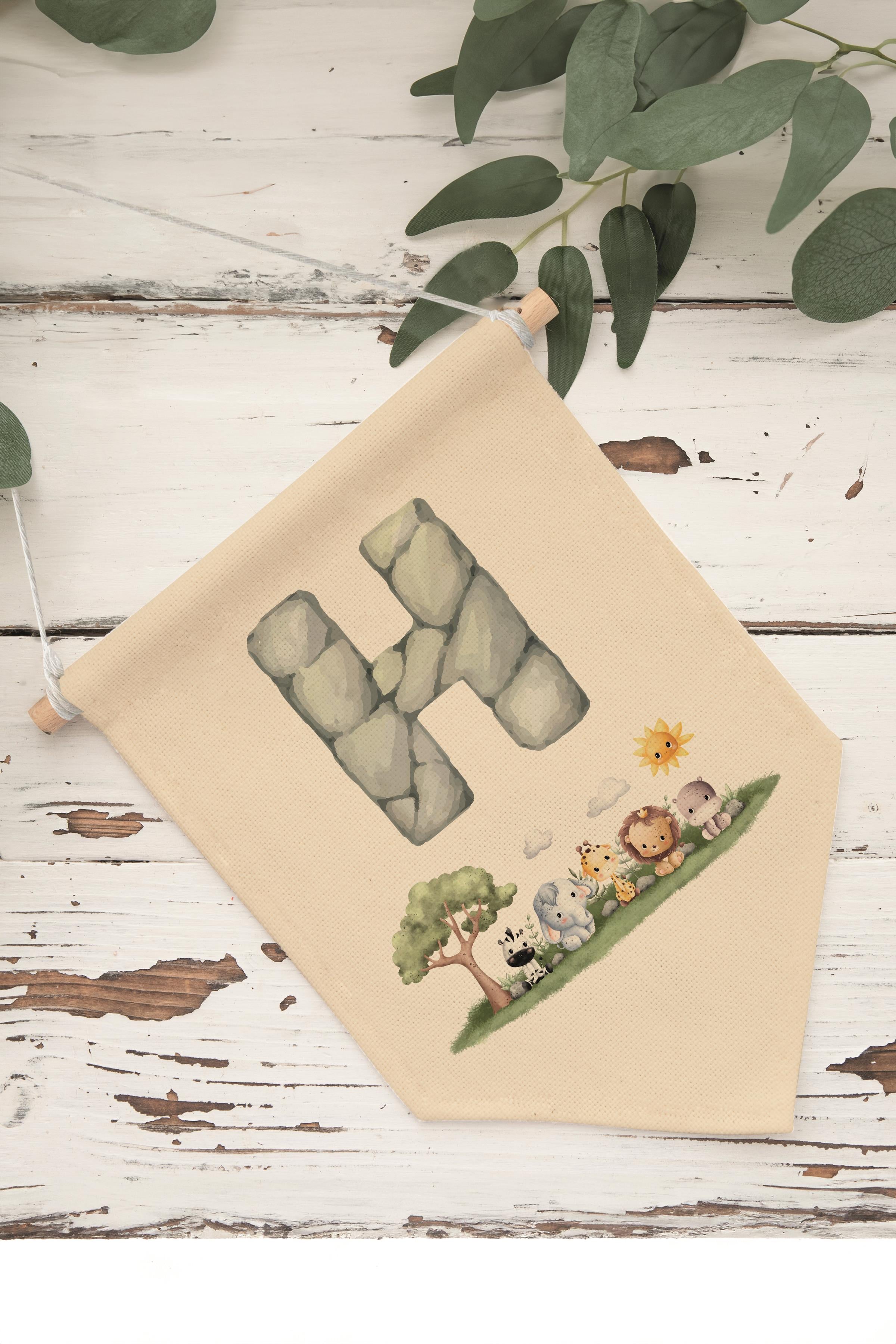 Çocuk Odası Dekor, Duvar Süsü, Ahşap Bebek Odası Dekor, Canvas Flama, Safari ve Hayvanlı H Harfi