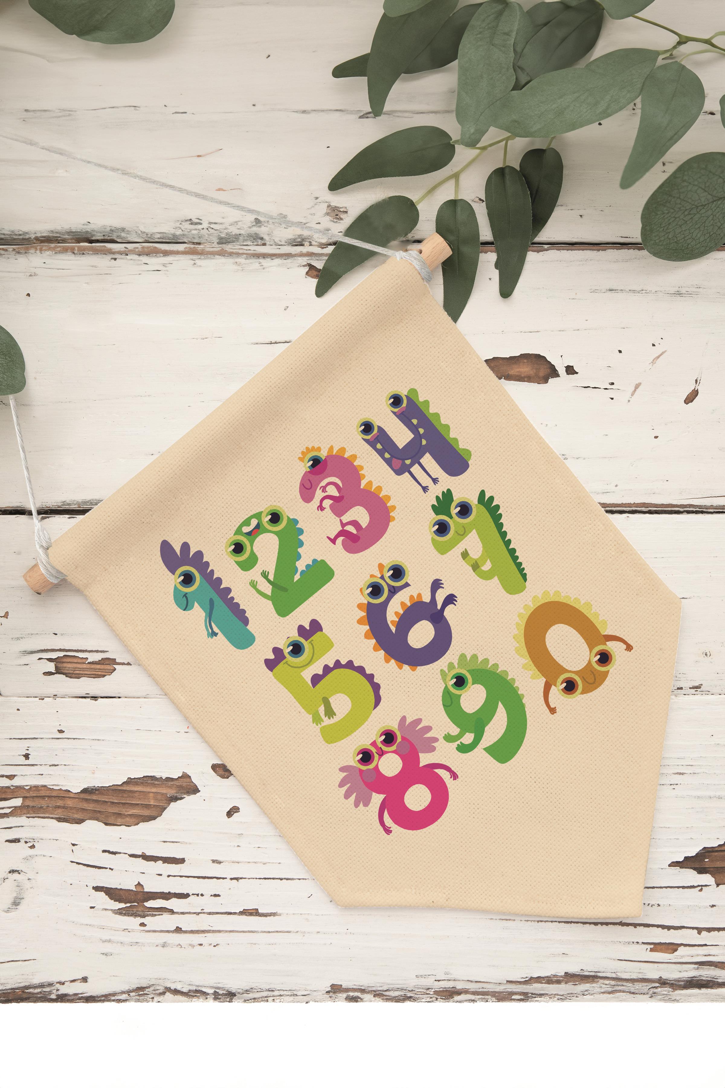 Çocuk Odası Dekor, Duvar Süsü, Ahşap Bebek Odası Dekor, Canvas Flama, Sevimli Canavar Sayılar - Renkli