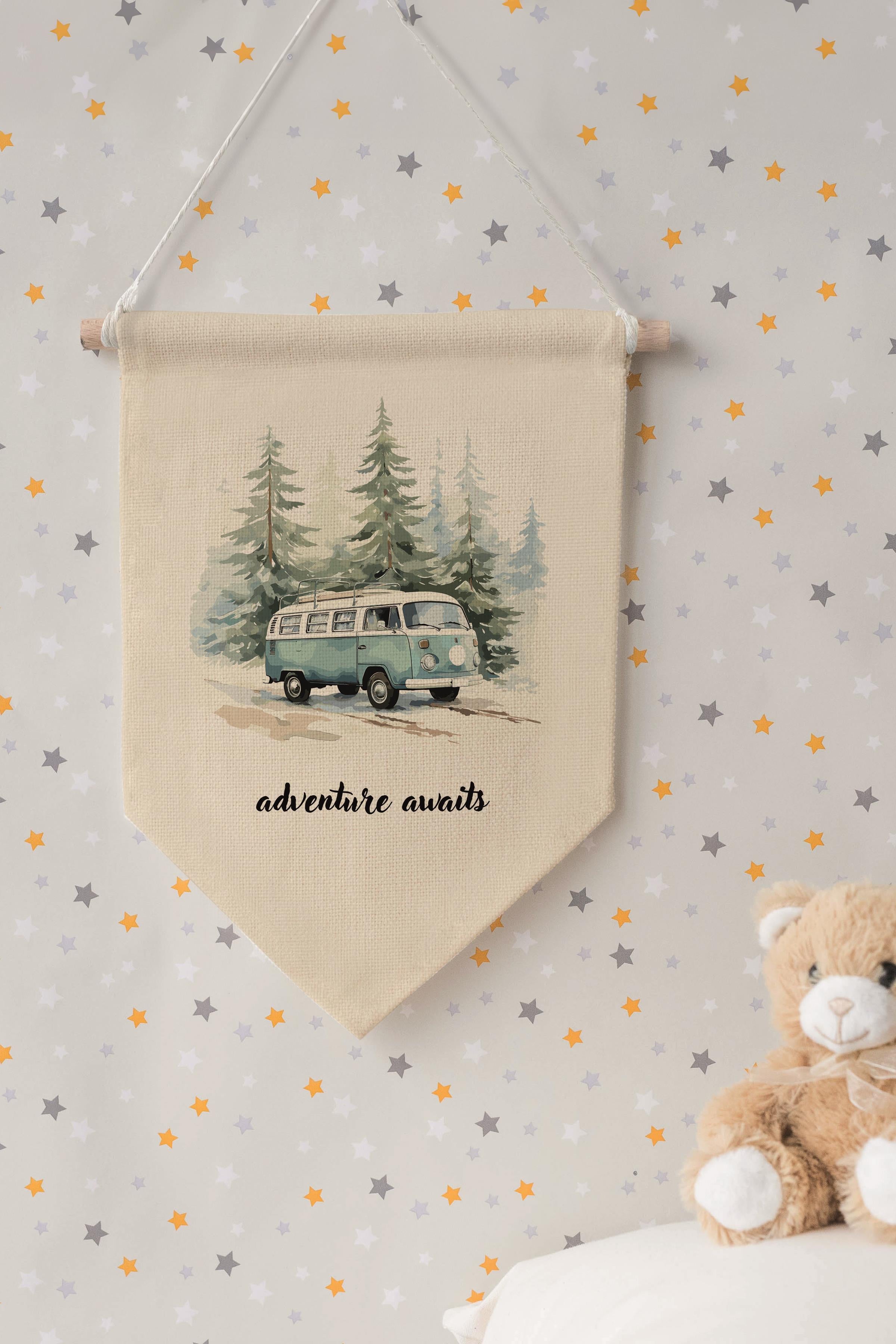 Çocuk Odası Dekor, Duvar Süsü, Ahşap Bebek Odası Dekor, Canvas Flama, Suluboya Orman ve Woswos