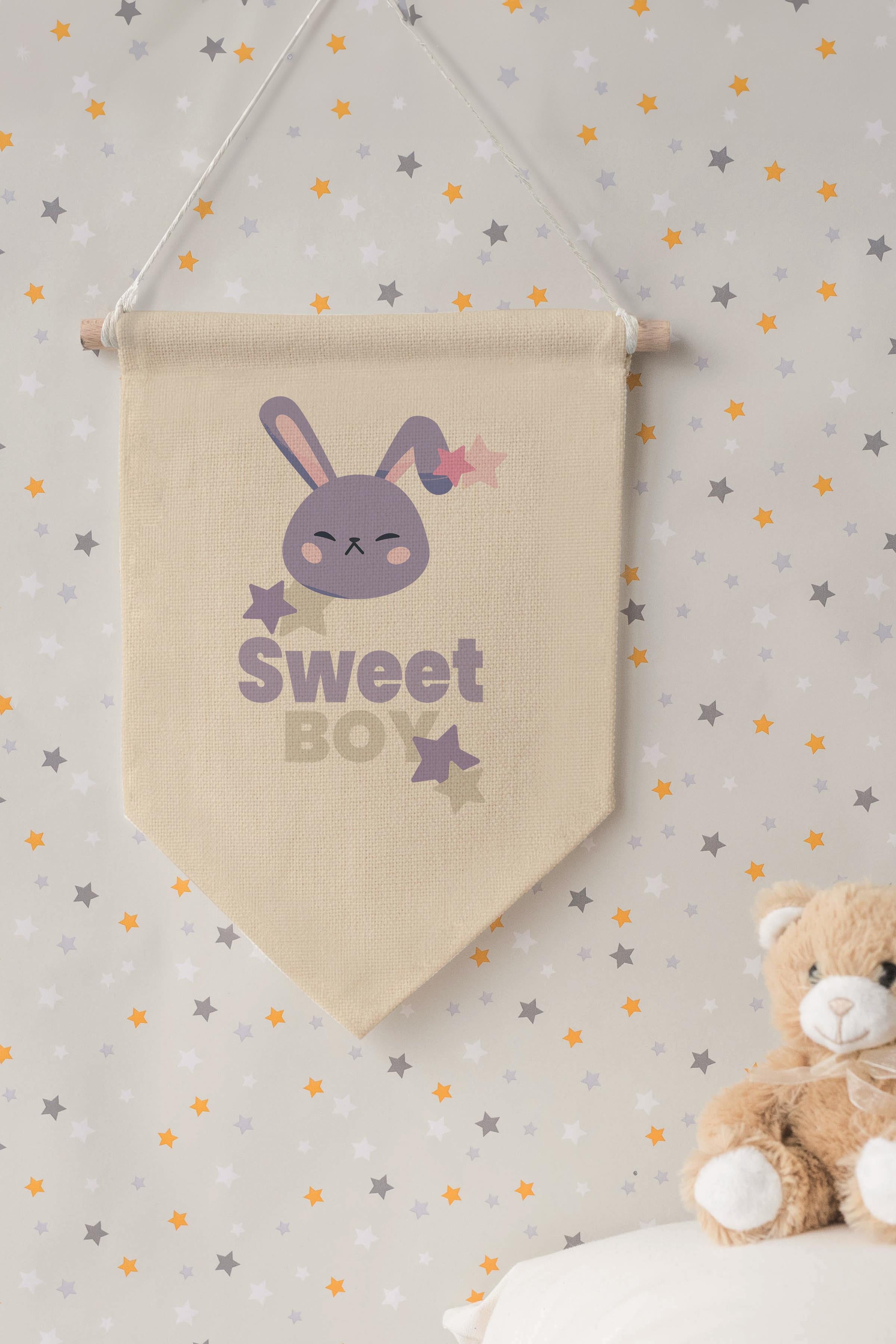 Çocuk Odası Dekor, Duvar Süsü, Ahşap Bebek Odası Dekor, Canvas Flama, Sweet Boy - Mor