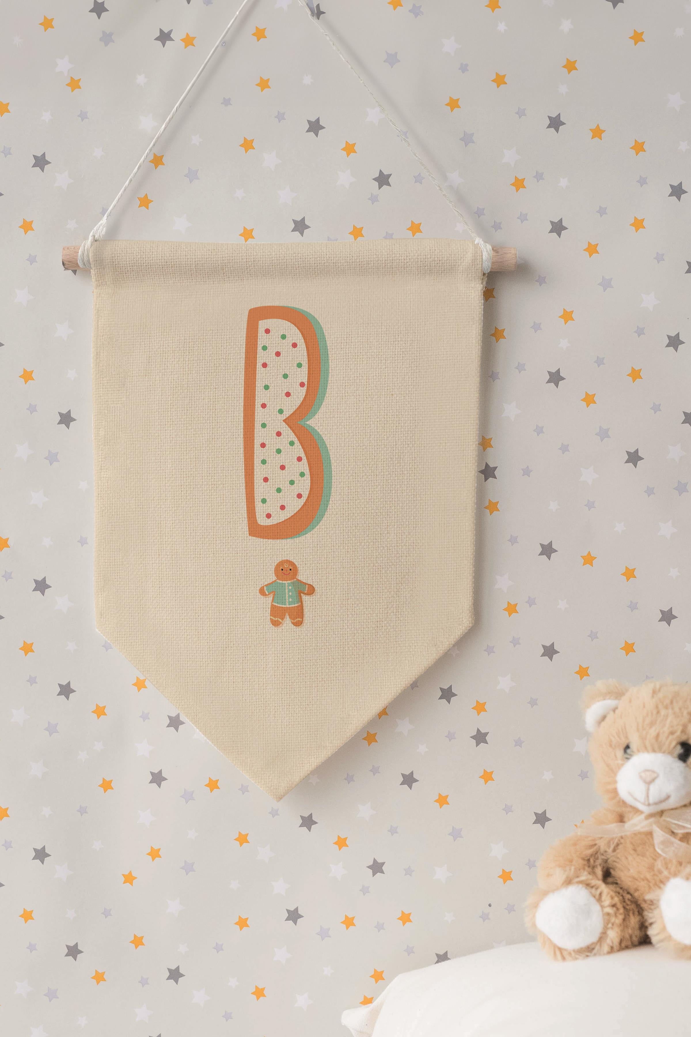 Çocuk Odası Dekor, Duvar Süsü, Ahşap Bebek Odası Dekor, Canvas Flama, Turuncu Kurabiye Desenli B Harfi