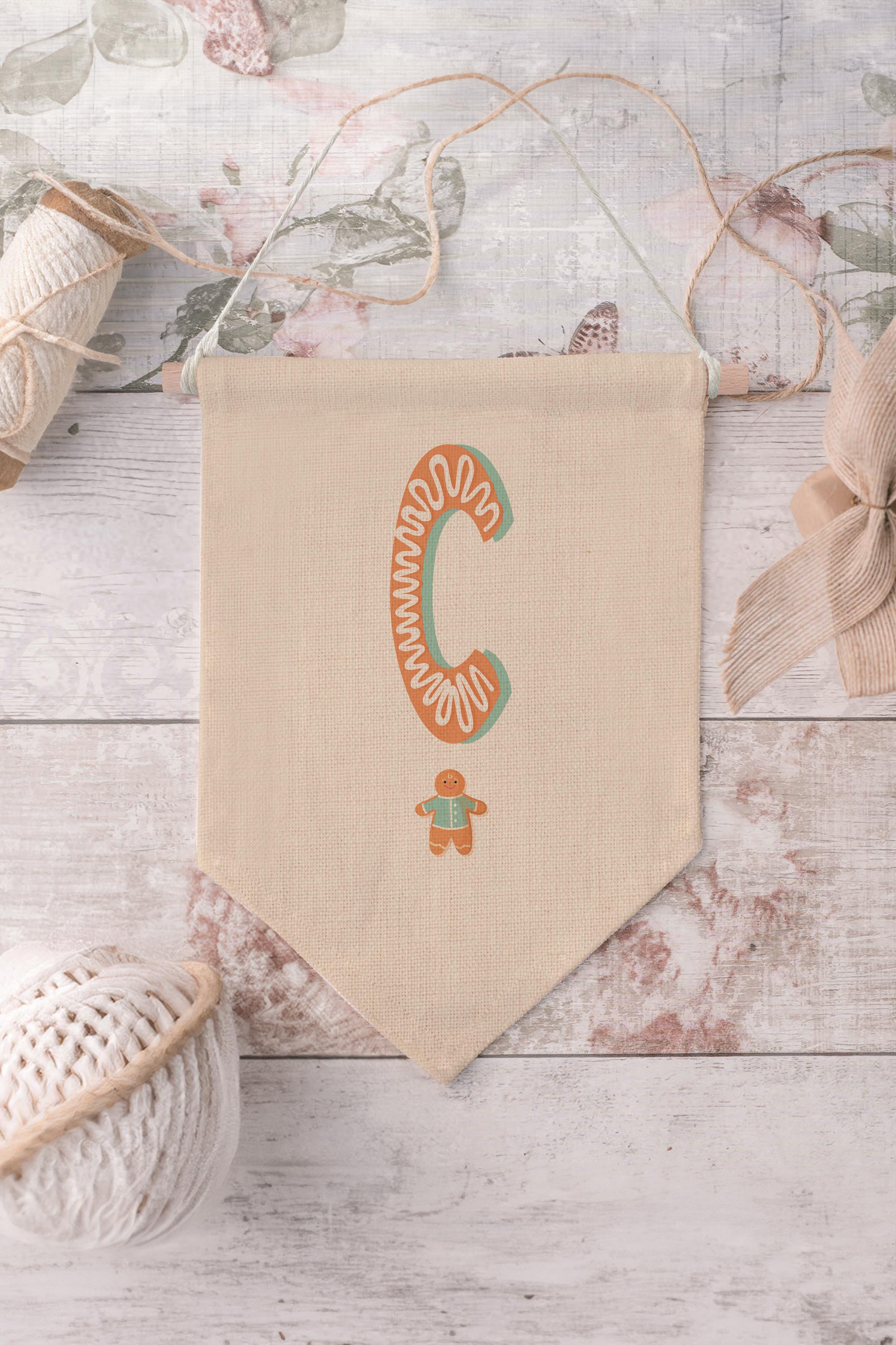 Çocuk Odası Dekor, Duvar Süsü, Ahşap Bebek Odası Dekor, Canvas Flama, Turuncu Kurabiye Desenli C Harfi