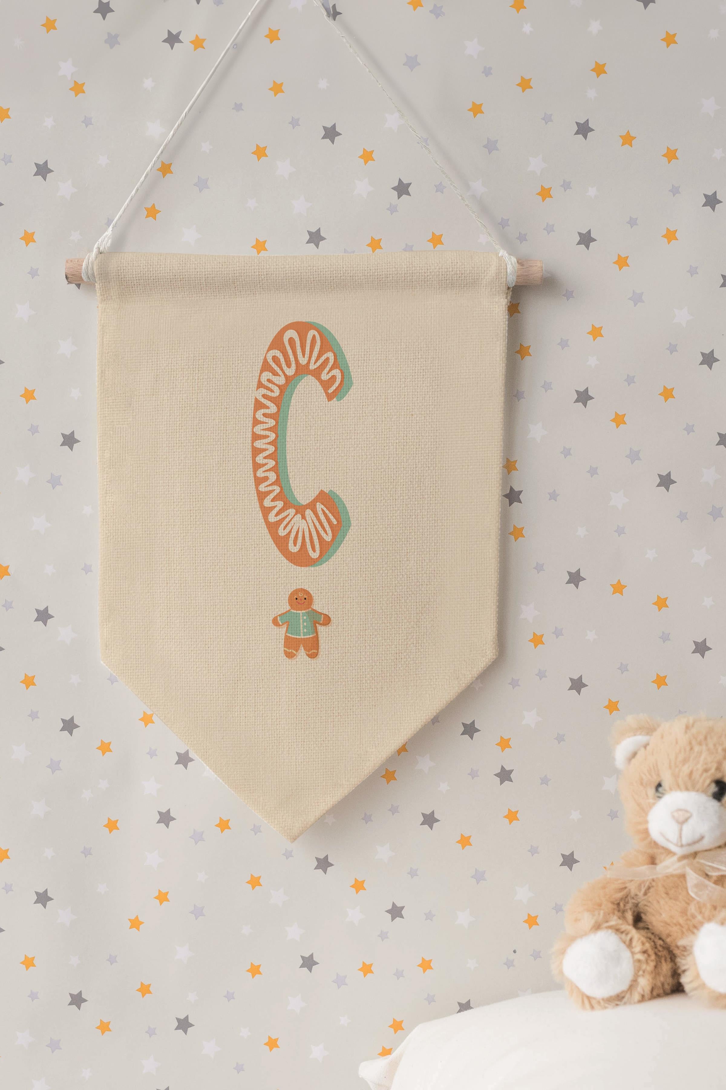 Çocuk Odası Dekor, Duvar Süsü, Ahşap Bebek Odası Dekor, Canvas Flama, Turuncu Kurabiye Desenli C Harfi