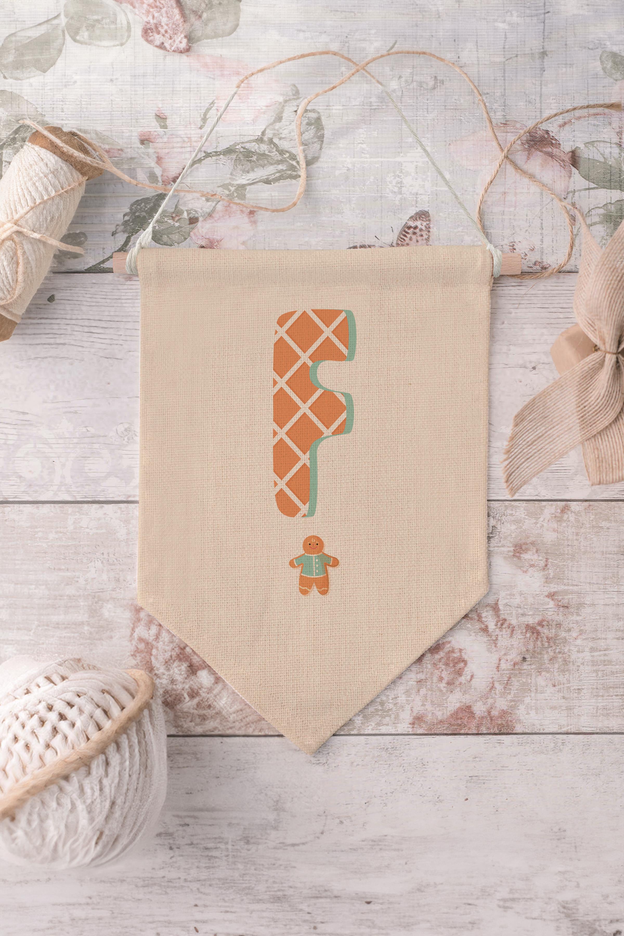Çocuk Odası Dekor, Duvar Süsü, Ahşap Bebek Odası Dekor, Canvas Flama, Turuncu Kurabiye Desenli F Harfi