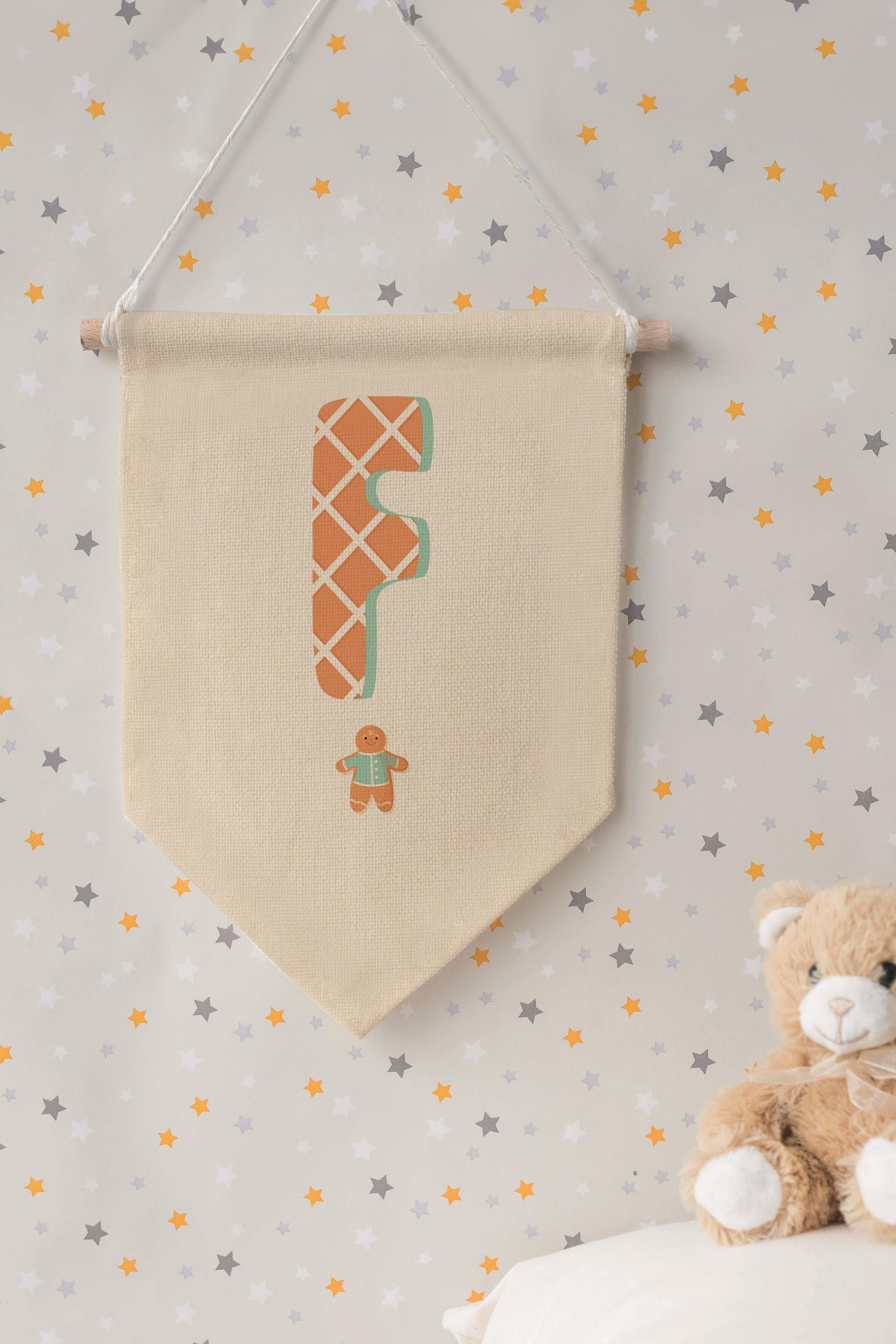 Çocuk Odası Dekor, Duvar Süsü, Ahşap Bebek Odası Dekor, Canvas Flama, Turuncu Kurabiye Desenli F Harfi