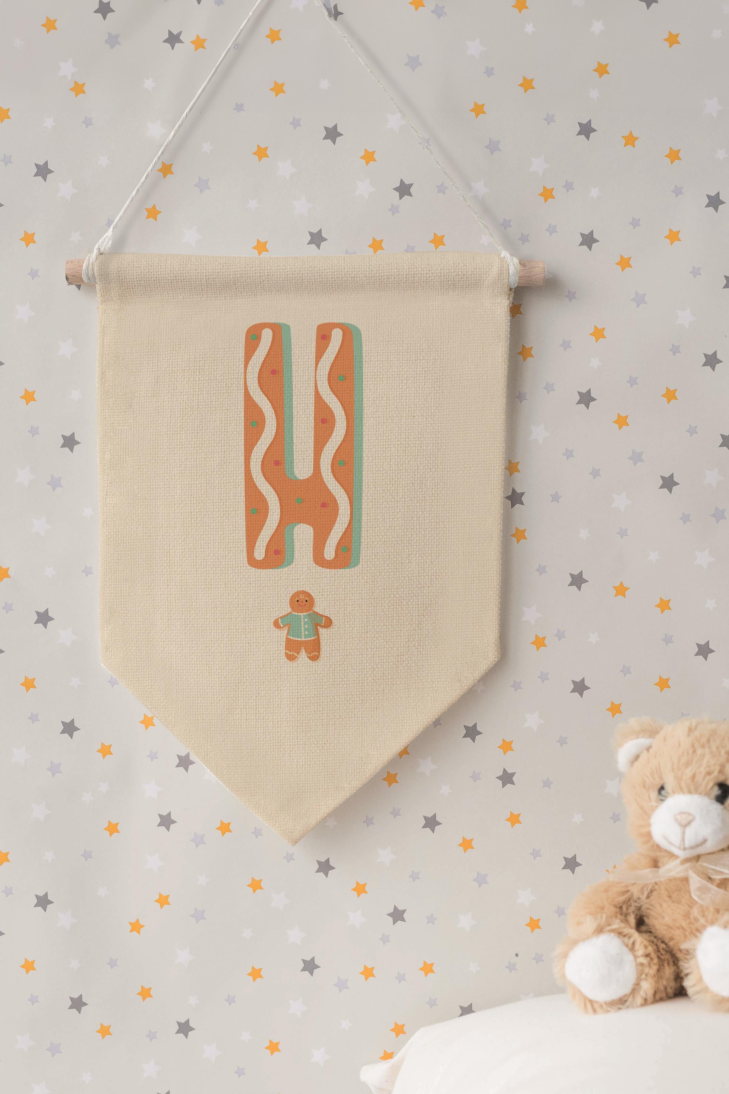 Çocuk Odası Dekor, Duvar Süsü, Ahşap Bebek Odası Dekor, Canvas Flama, Turuncu Kurabiye Desenli H Harfi