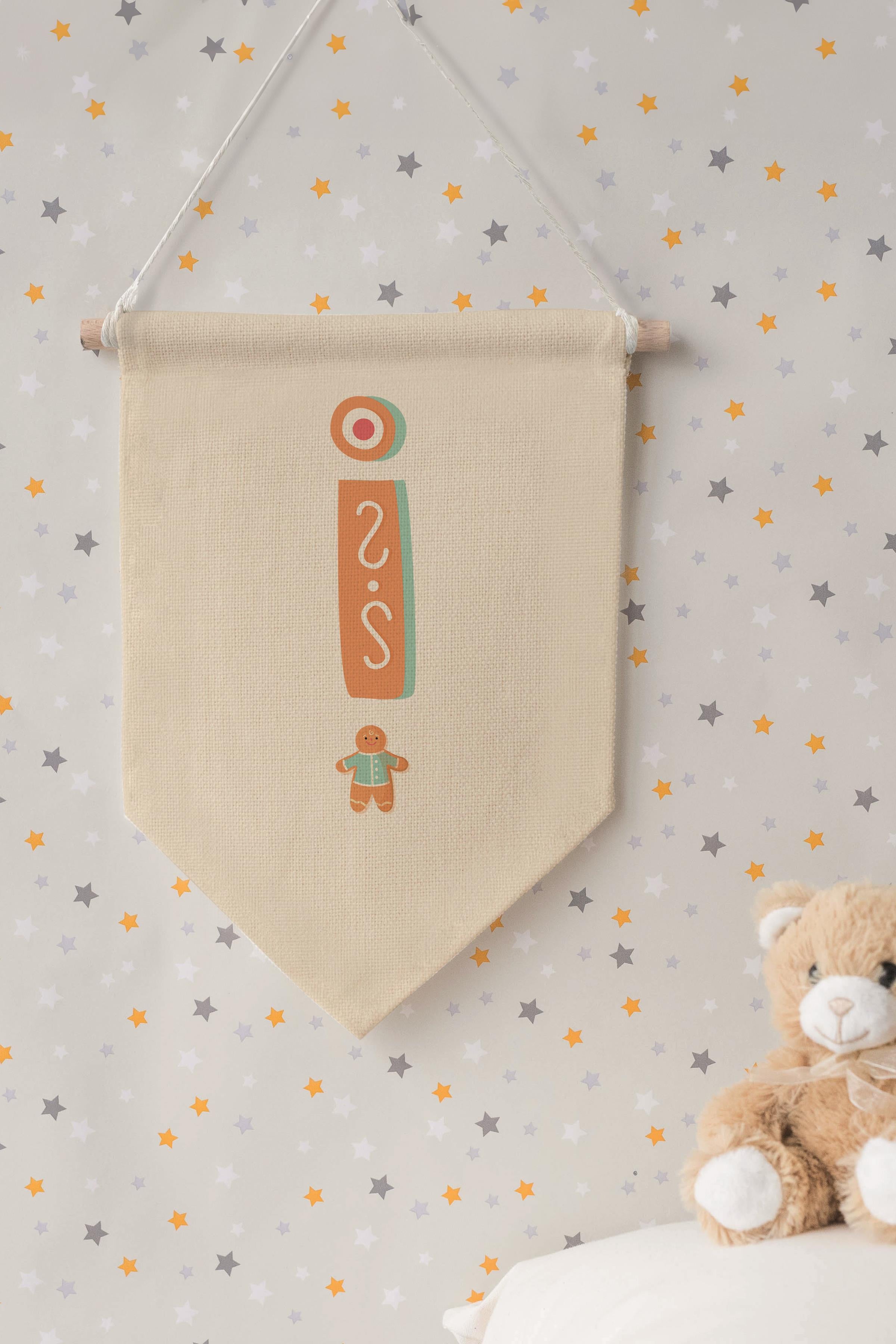 Çocuk Odası Dekor, Duvar Süsü, Ahşap Bebek Odası Dekor, Canvas Flama, Turuncu Kurabiye Desenli I Harfi