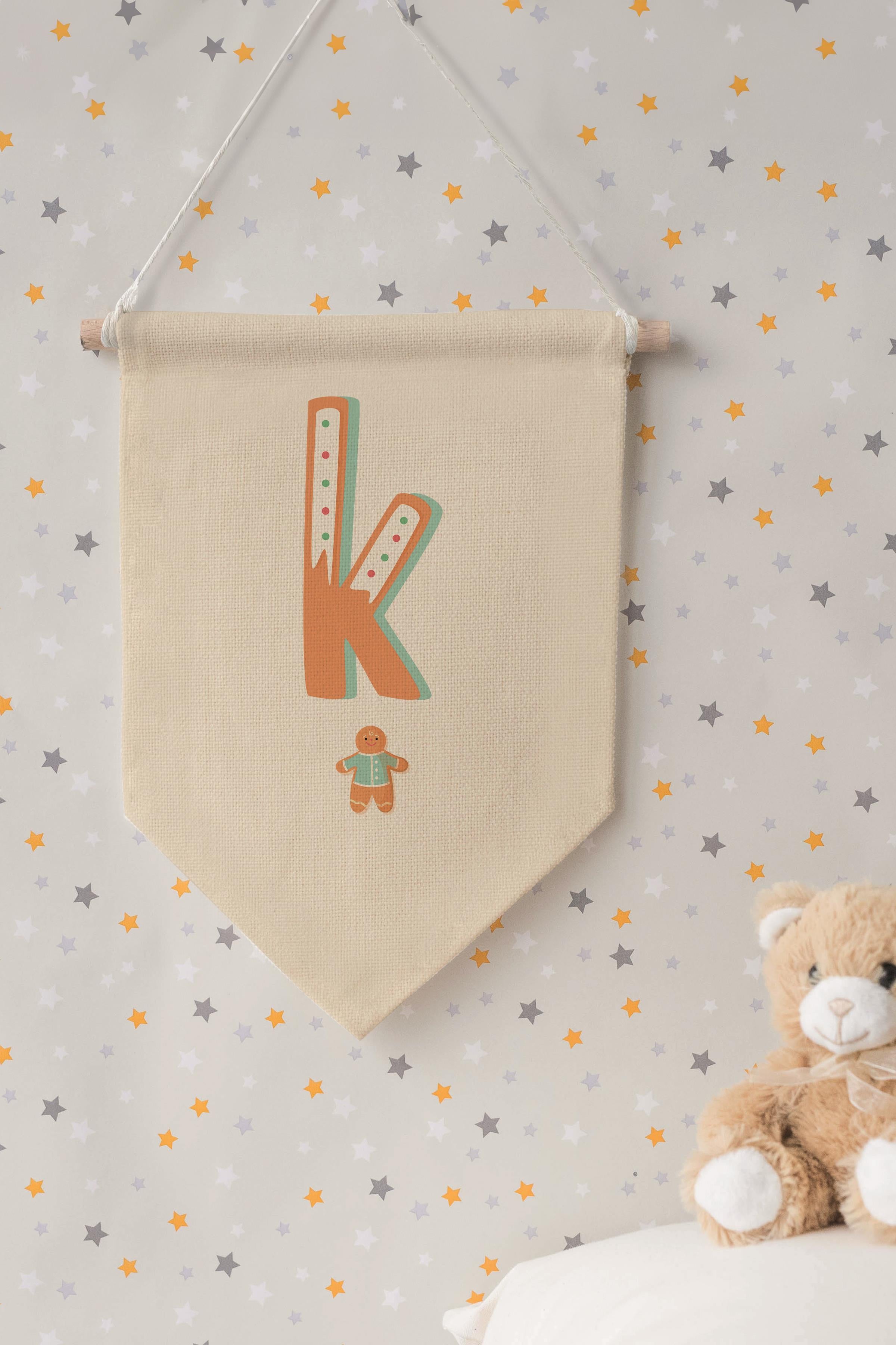Çocuk Odası Dekor, Duvar Süsü, Ahşap Bebek Odası Dekor, Canvas Flama, Turuncu Kurabiye Desenli K Harfi