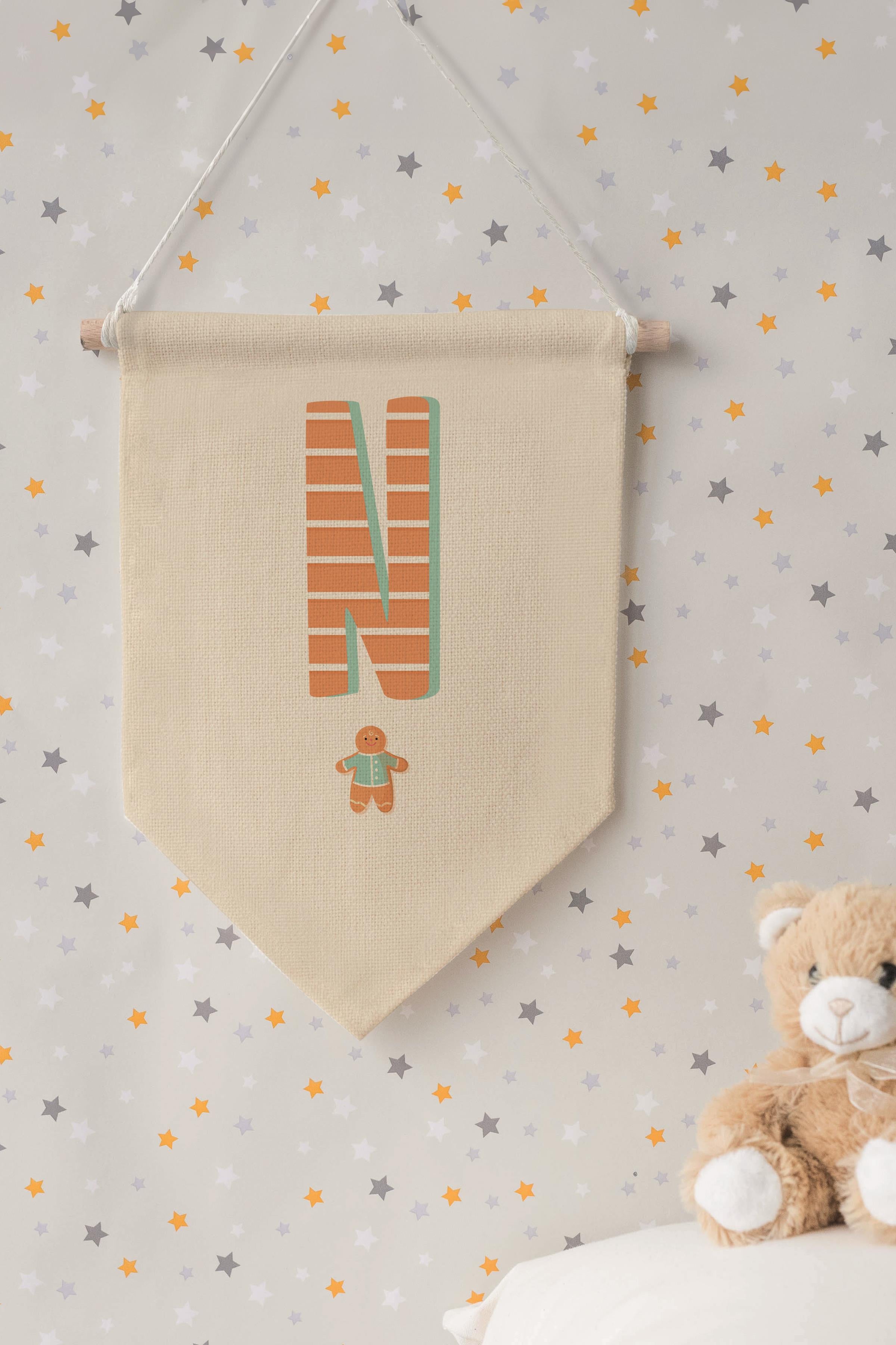 Çocuk Odası Dekor, Duvar Süsü, Ahşap Bebek Odası Dekor, Canvas Flama, Turuncu Kurabiye Desenli N Harfi