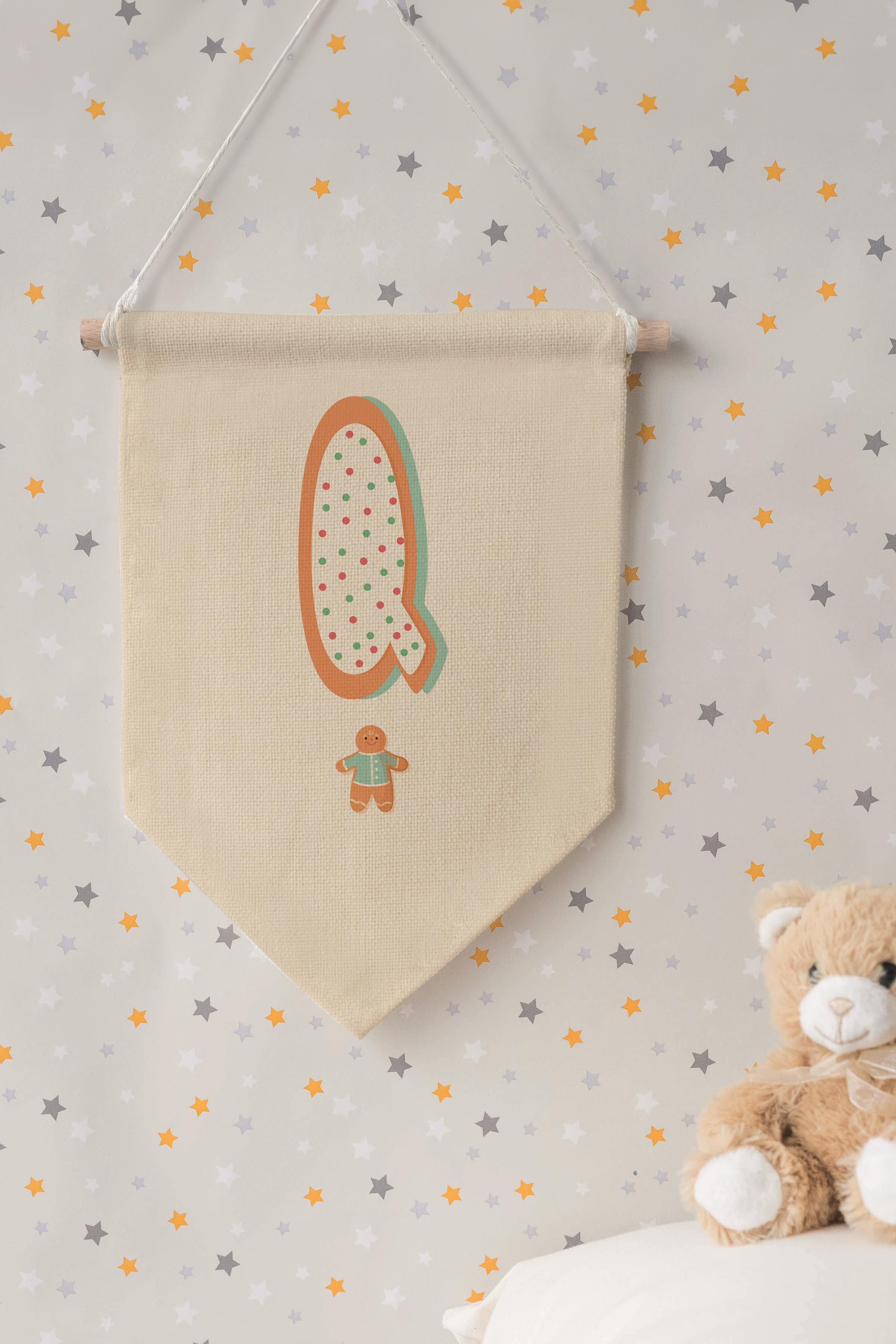 Çocuk Odası Dekor, Duvar Süsü, Ahşap Bebek Odası Dekor, Canvas Flama, Turuncu Kurabiye Desenli Q Harfi