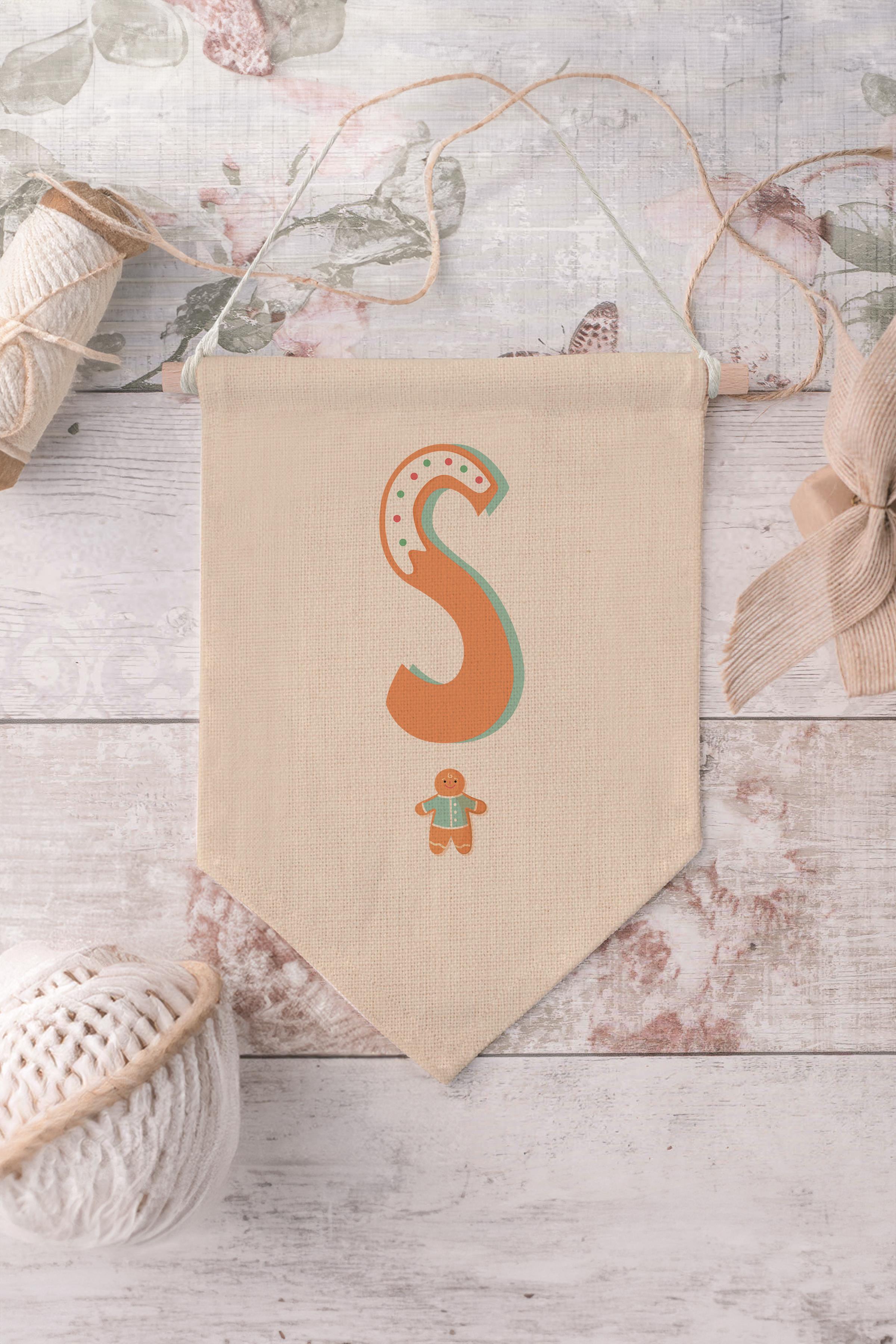 Çocuk Odası Dekor, Duvar Süsü, Ahşap Bebek Odası Dekor, Canvas Flama, Turuncu Kurabiye Desenli S Harfi