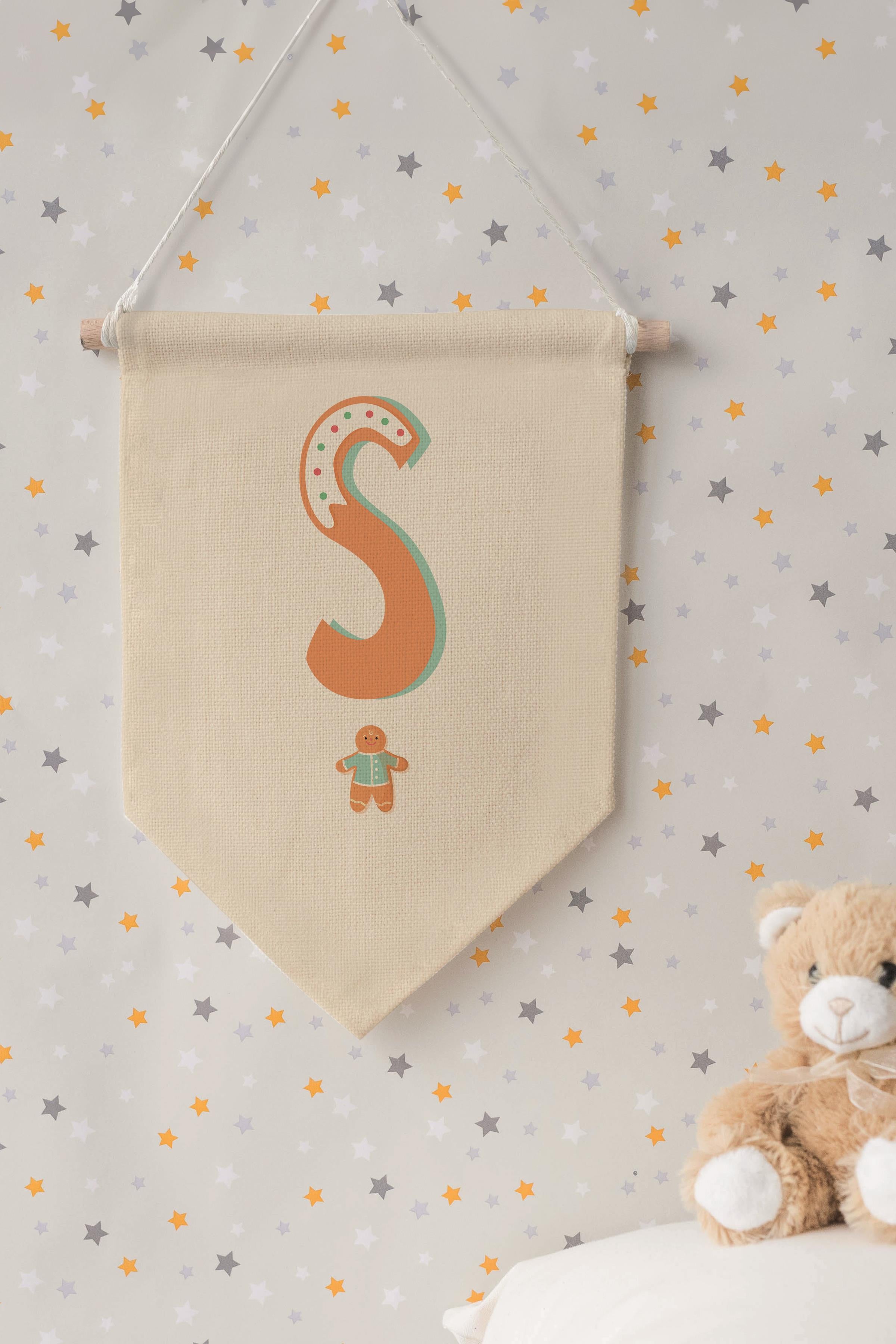 Çocuk Odası Dekor, Duvar Süsü, Ahşap Bebek Odası Dekor, Canvas Flama, Turuncu Kurabiye Desenli S Harfi