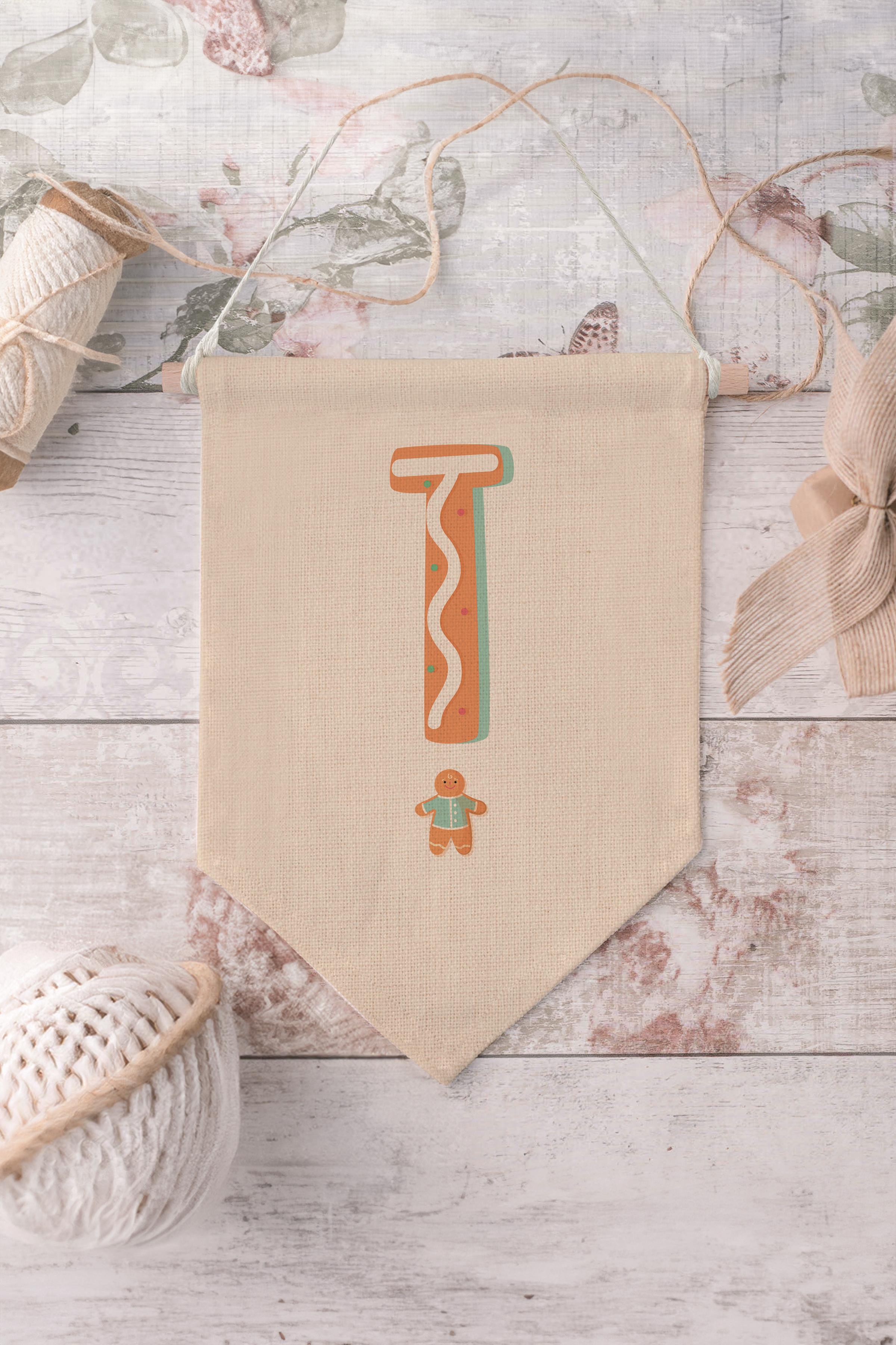 Çocuk Odası Dekor, Duvar Süsü, Ahşap Bebek Odası Dekor, Canvas Flama, Turuncu Kurabiye Desenli T Harfi