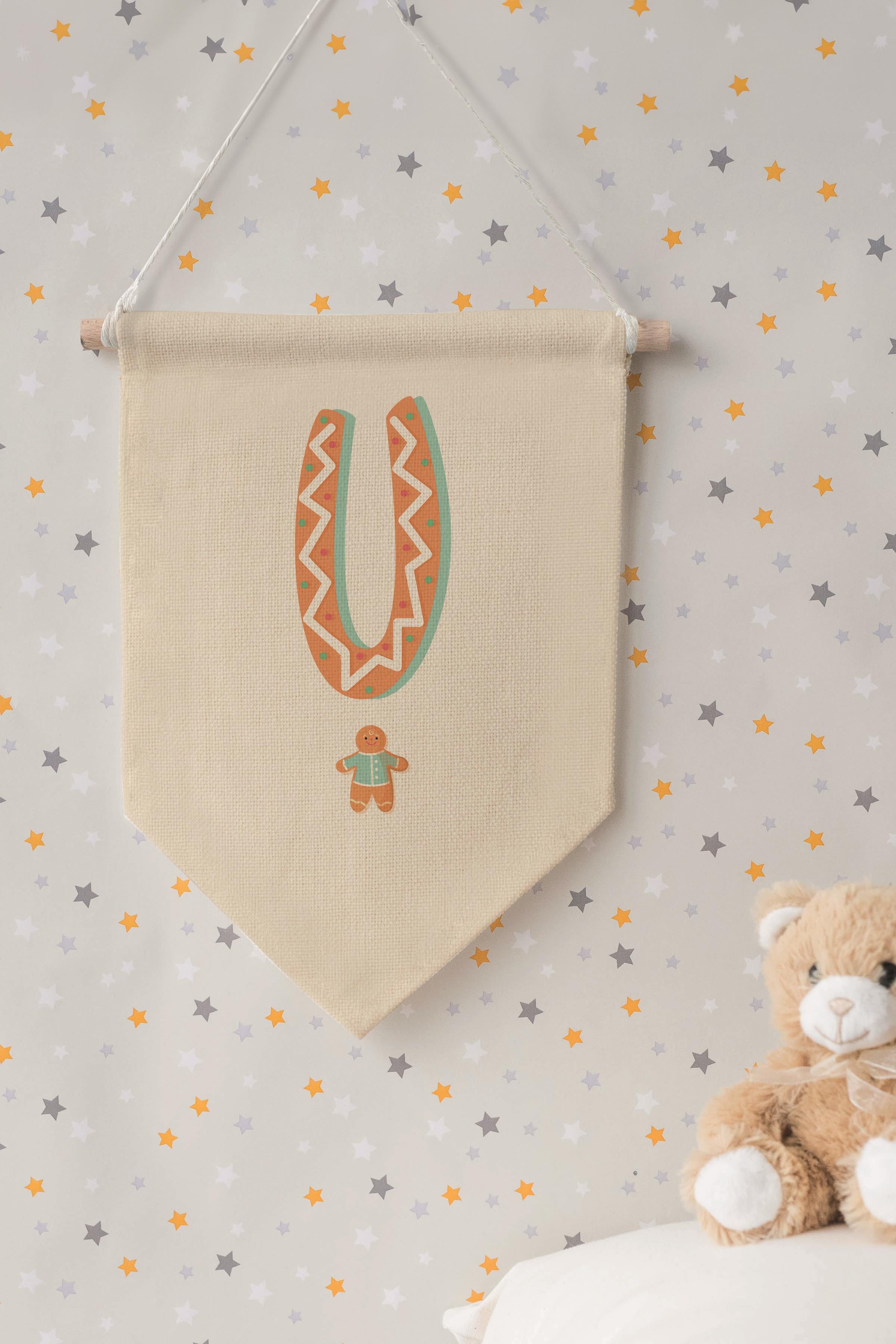Çocuk Odası Dekor, Duvar Süsü, Ahşap Bebek Odası Dekor, Canvas Flama, Turuncu Kurabiye Desenli U Harfi