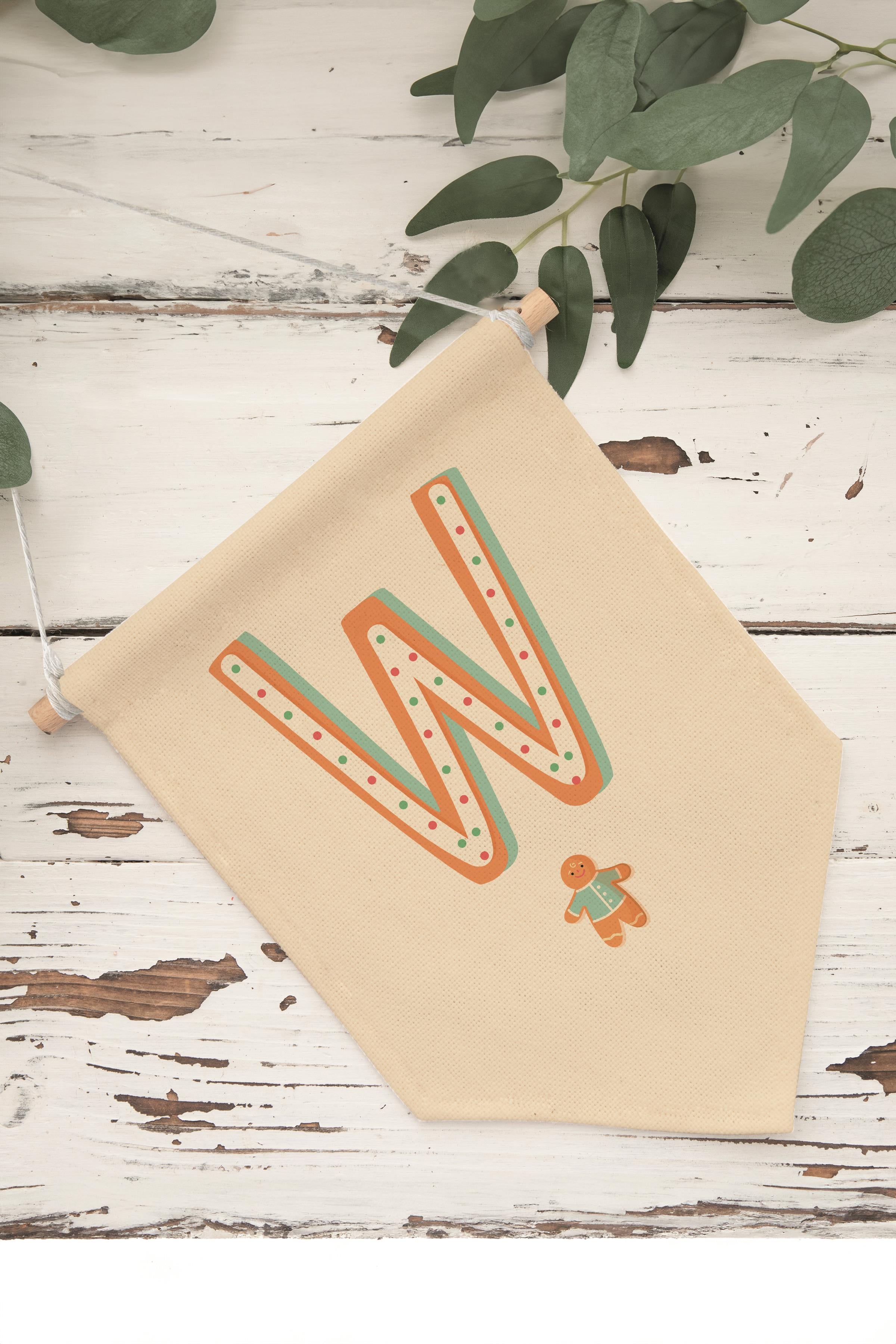 Çocuk Odası Dekor, Duvar Süsü, Ahşap Bebek Odası Dekor, Canvas Flama, Turuncu Kurabiye Desenli W Harfi