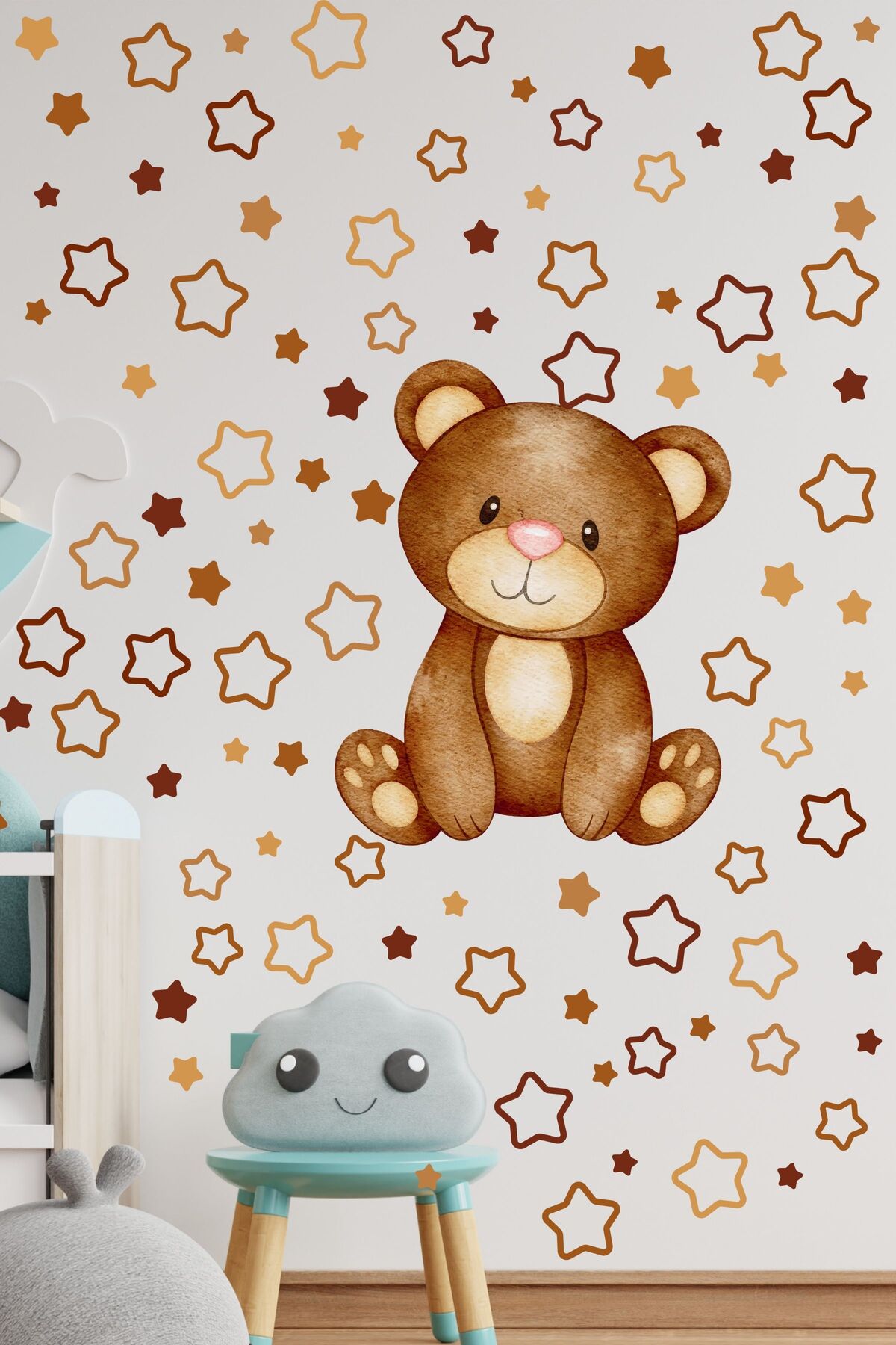 Çocuk Odası Sticker Seti, Kahverengi Ayı Temalı Oda Dekoru, Çocuk ve Bebek Odası Duvar Stickerı