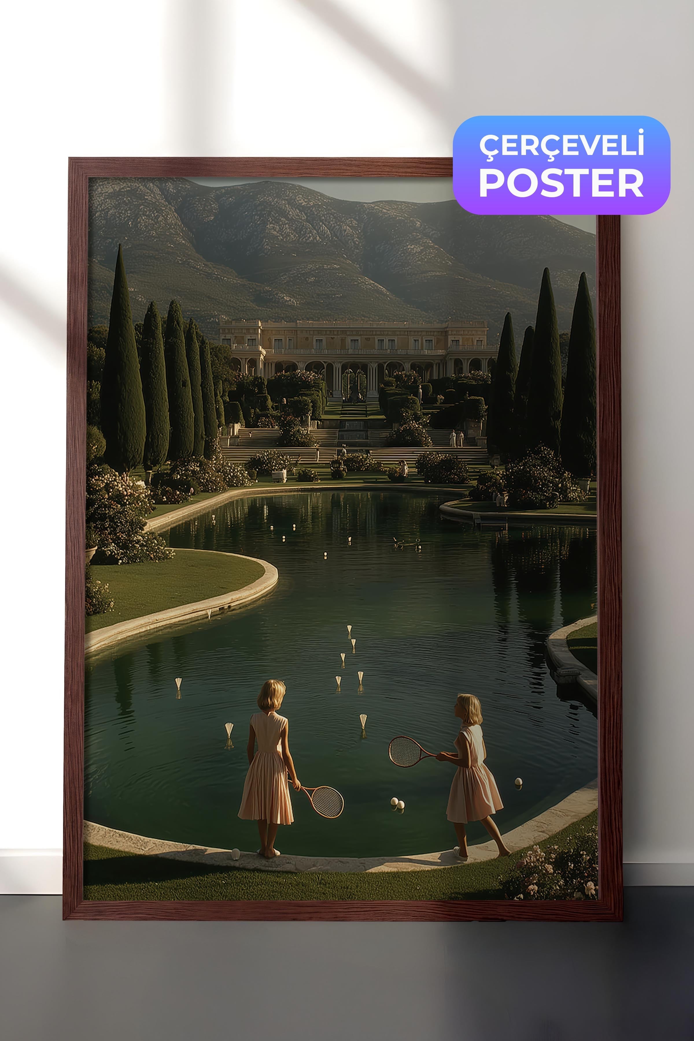 Çocuklar ve Tenis Posteri, Kahverengi Çerçeveli Poster, Old Money Serisi, NO:113250