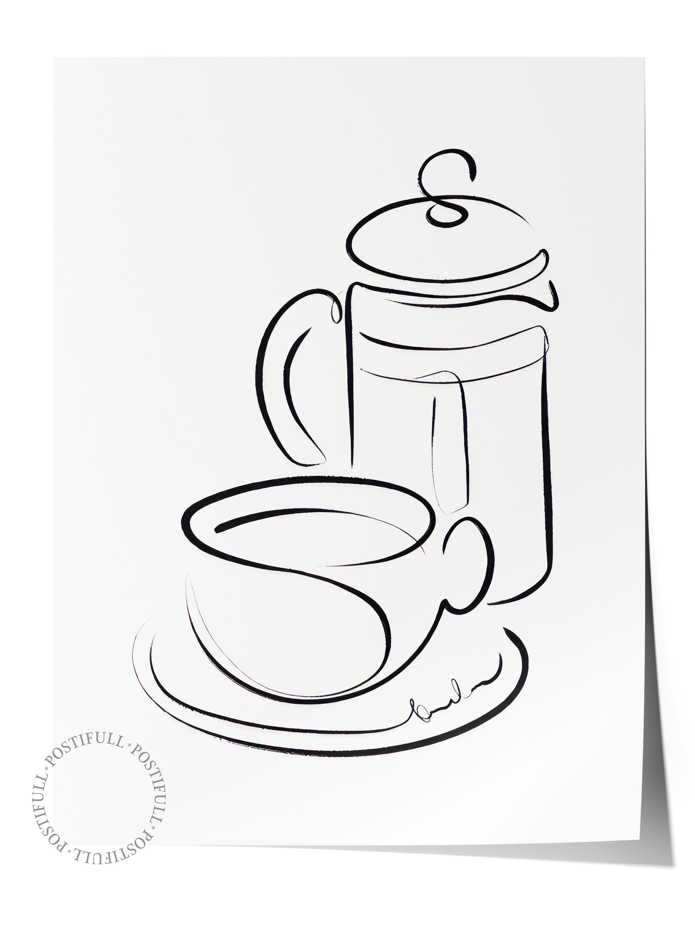 Coffee Line Art Poster, Çerçevesiz Duvar Posteri, Dikey Duvar Tablosu Comfort Serisi NO:108559