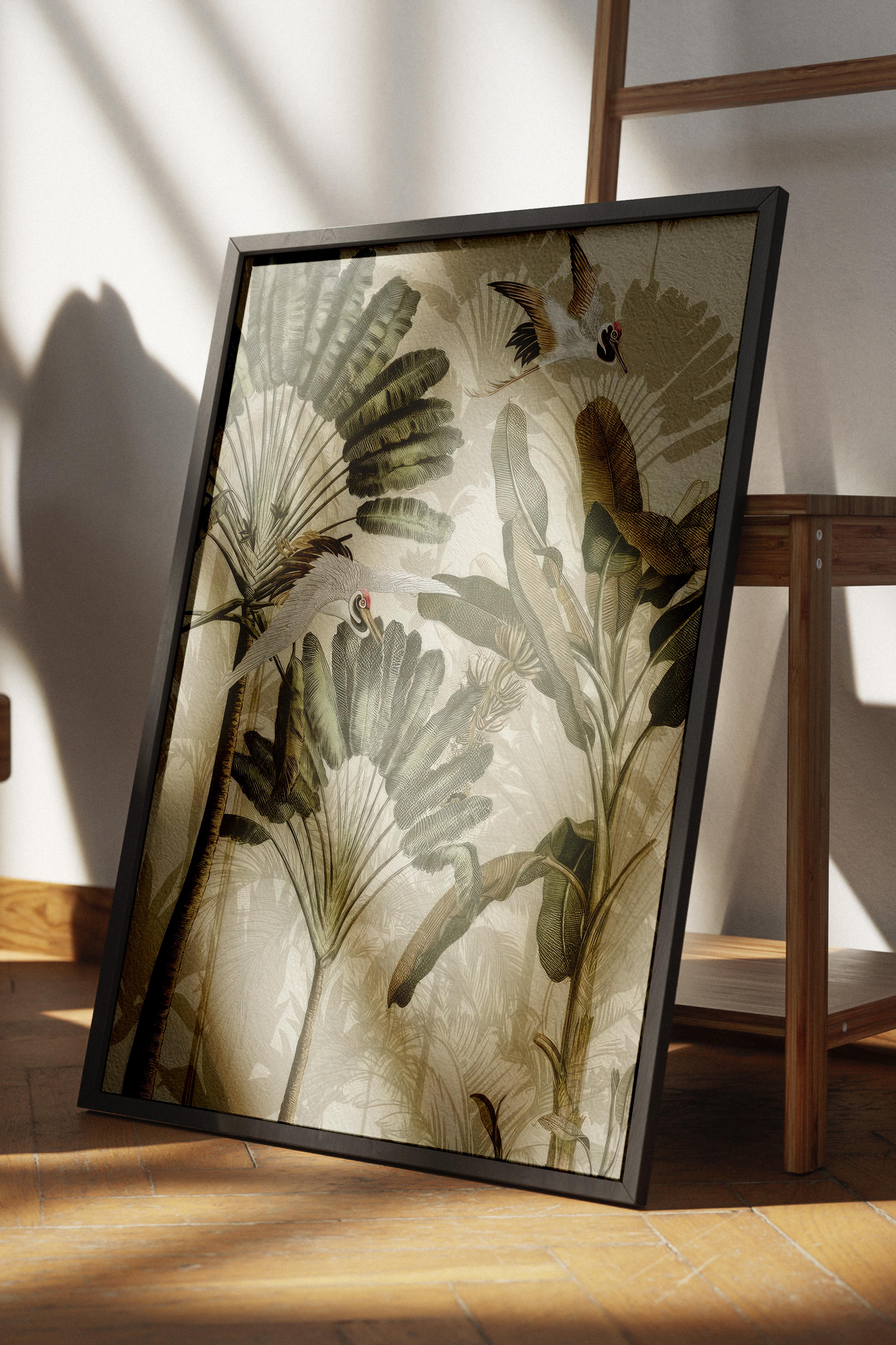 Cranes in the Rainforest Siyah Çerçeveli Tablo, Duvar Tablosu Comfort Serisi NO:108499