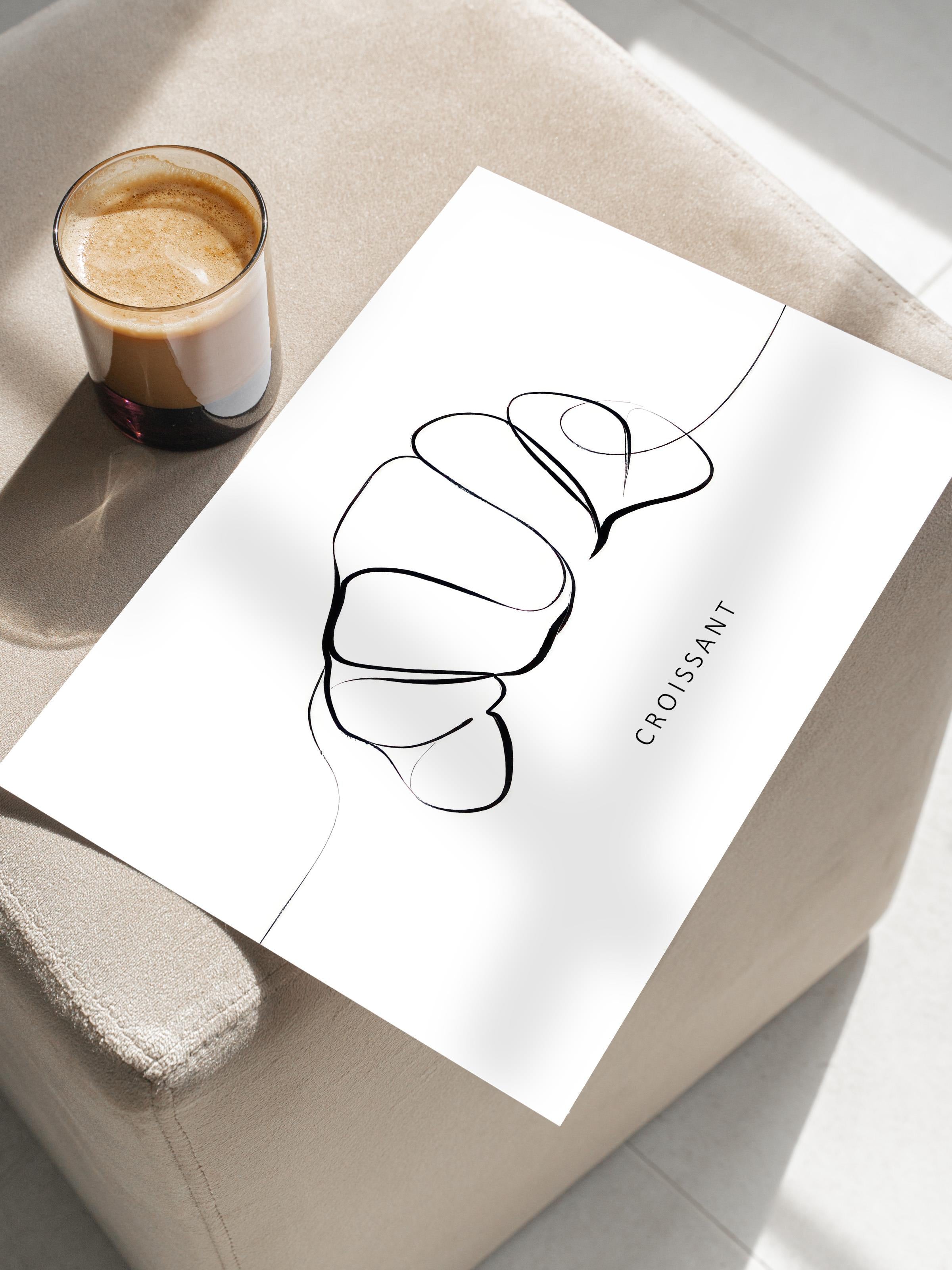 Croissant Line Art Poster, Çerçevesiz Duvar Posteri, Yatay Duvar Tablosu Comfort Serisi NO:108558